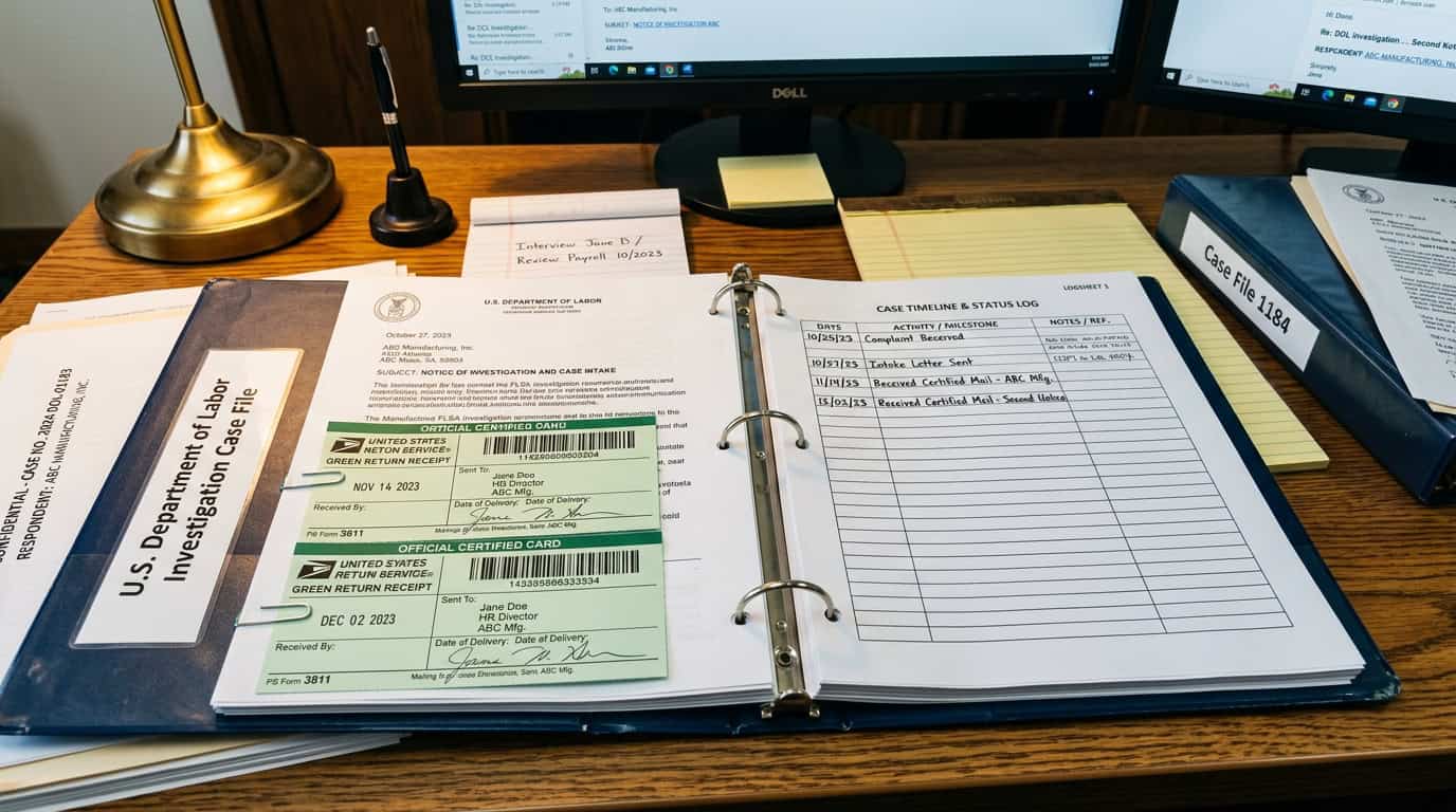 Official case tracking binder with certified mail return receipts and Department of Labor investigation intake letters