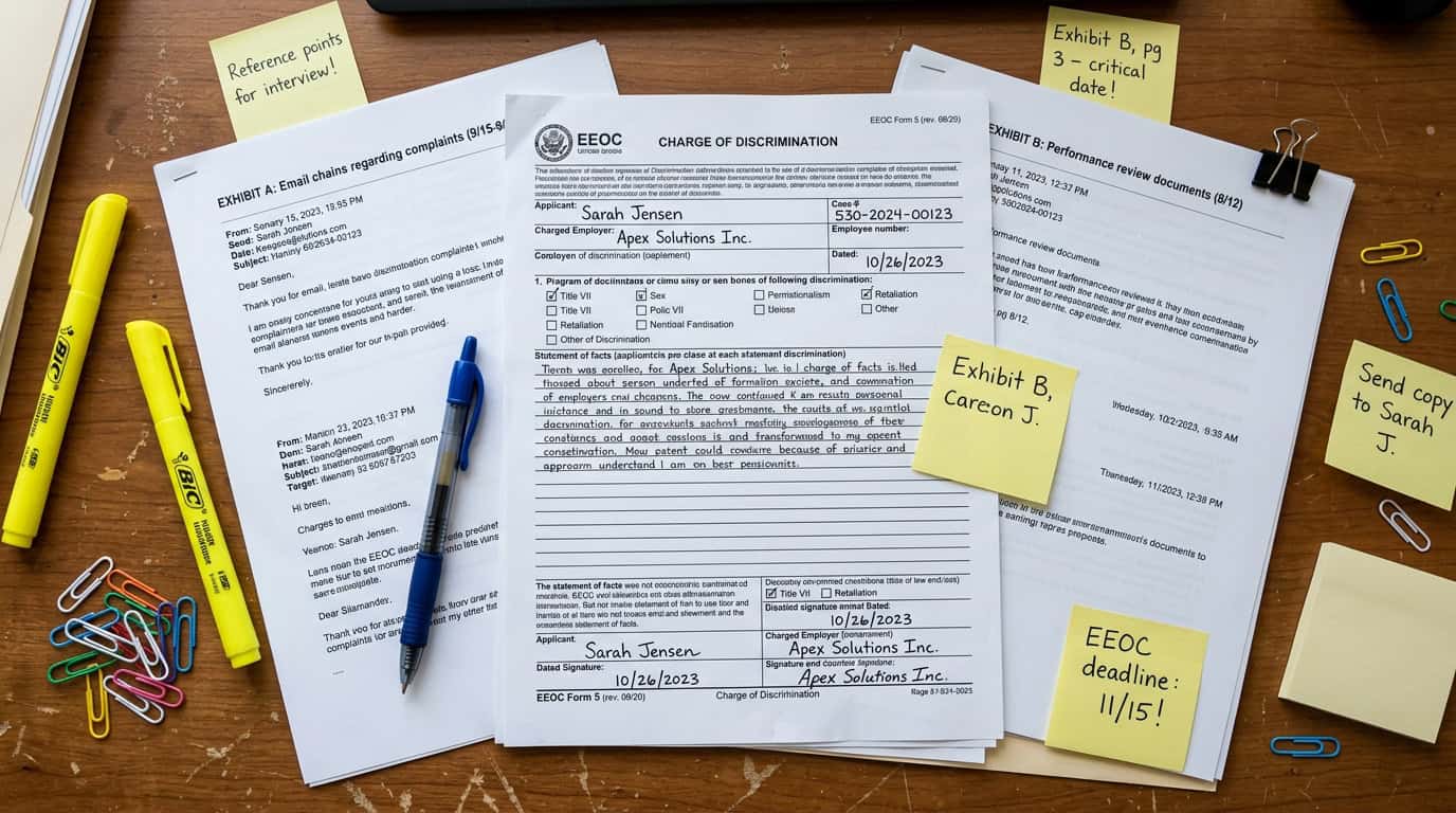 Worker preparing formal EEOC Form 5 Charge of Discrimination with supporting records