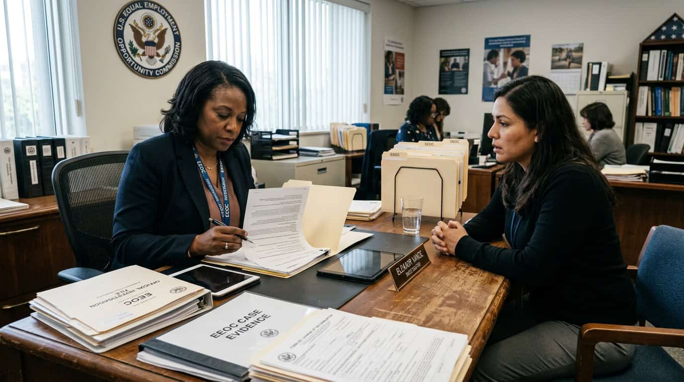EEOC intake interview assessing statutory filing deadlines, pretextual firing, and dual-filing requirements