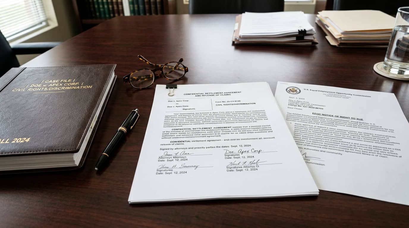 Legal documentation of monetary back pay settlement, front pay restitution, and statutory right-to-sue issuance