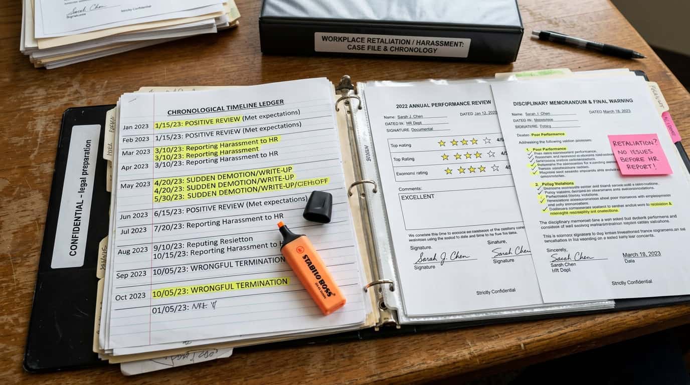 Chronological timeline documenting exemplary performance evaluations prior to employer retaliatory discipline