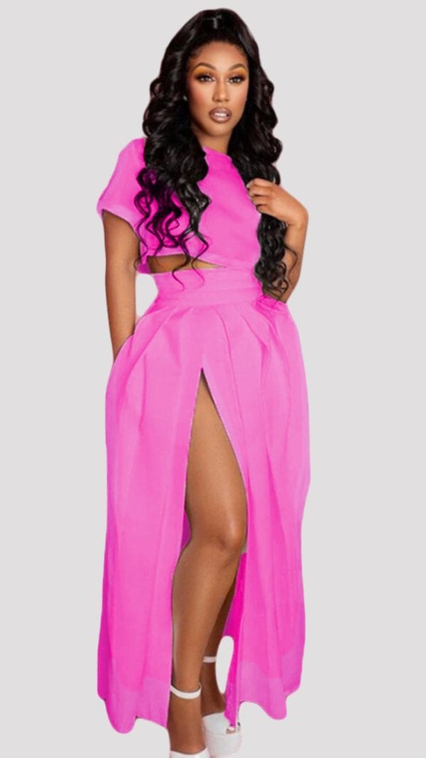 High Slit Pleated Long Skirt - Fuchsia
