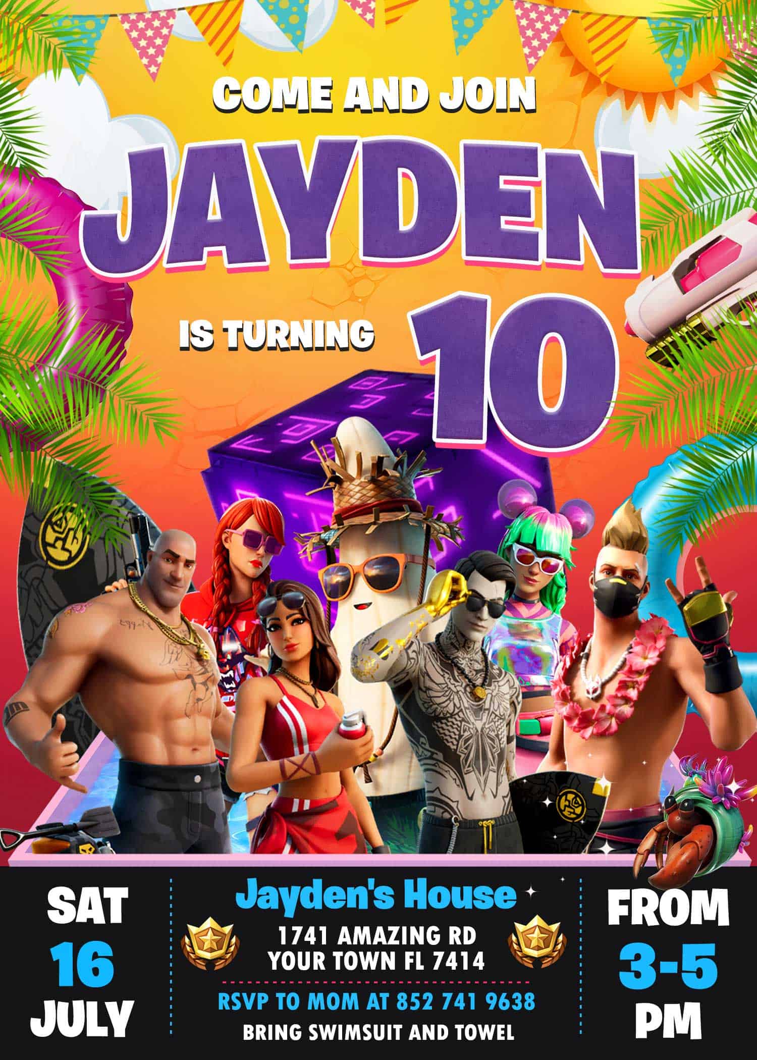 Fortnite Pool Party Invitation FREE Backside 24H Ready