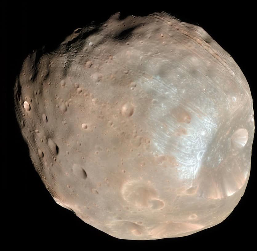 A colour image of phobos imaged by the mars reconnaissance orbiter on 23 march 2008.