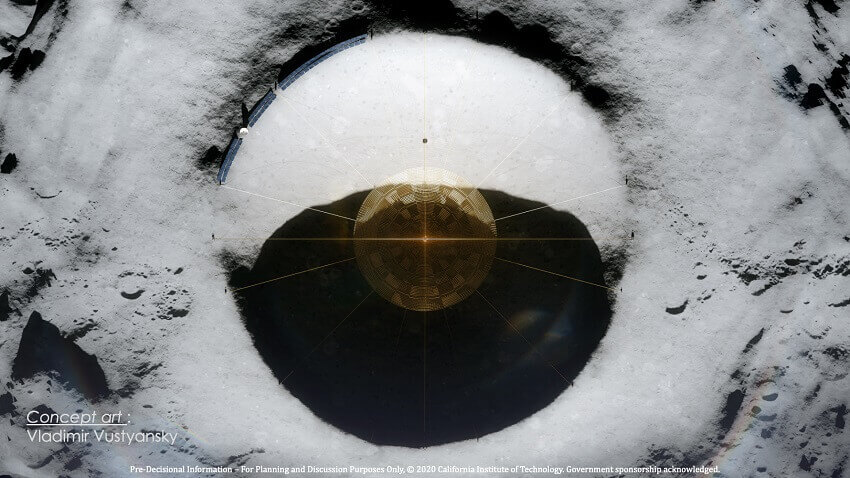 Concept art for the lunar crater radio telescope
