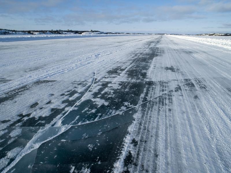 A road of ice going across Great Slave Lake in winter