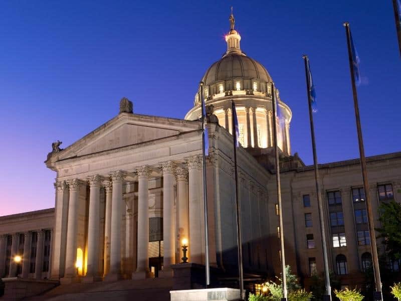 Exterior of the Oklahoma State Capitol in Oklahoma City in the evening