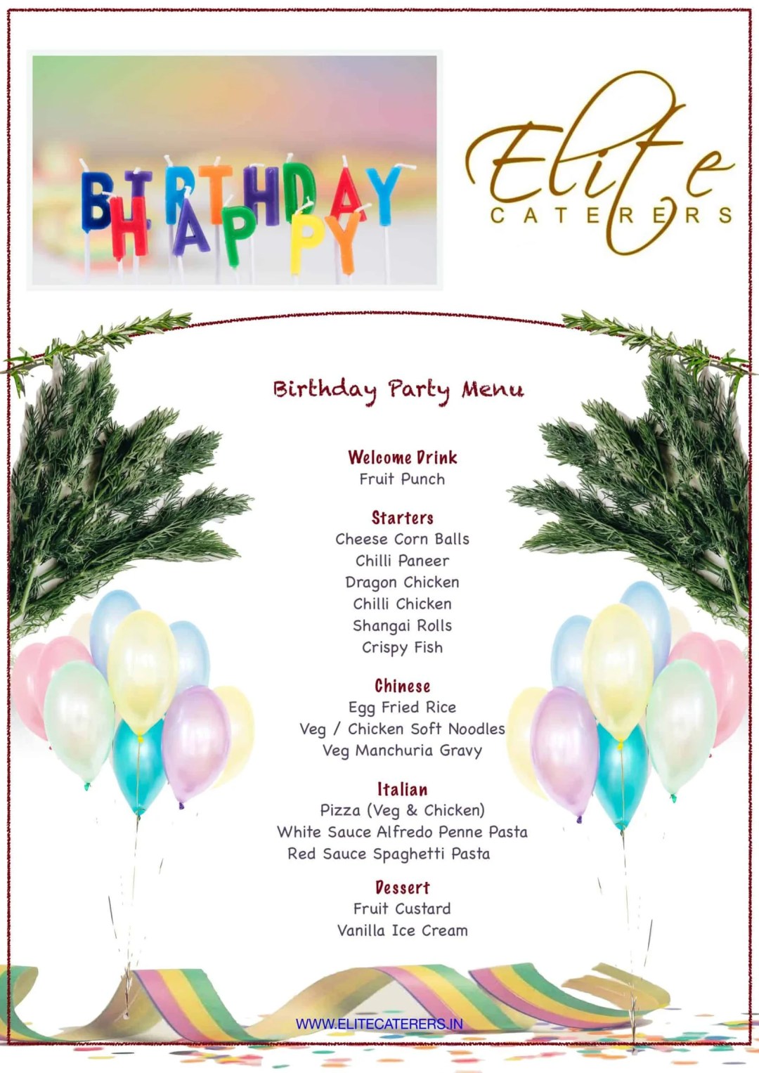 Birthday Party Catering Menu for 50ppl at Rajapushpa Villas