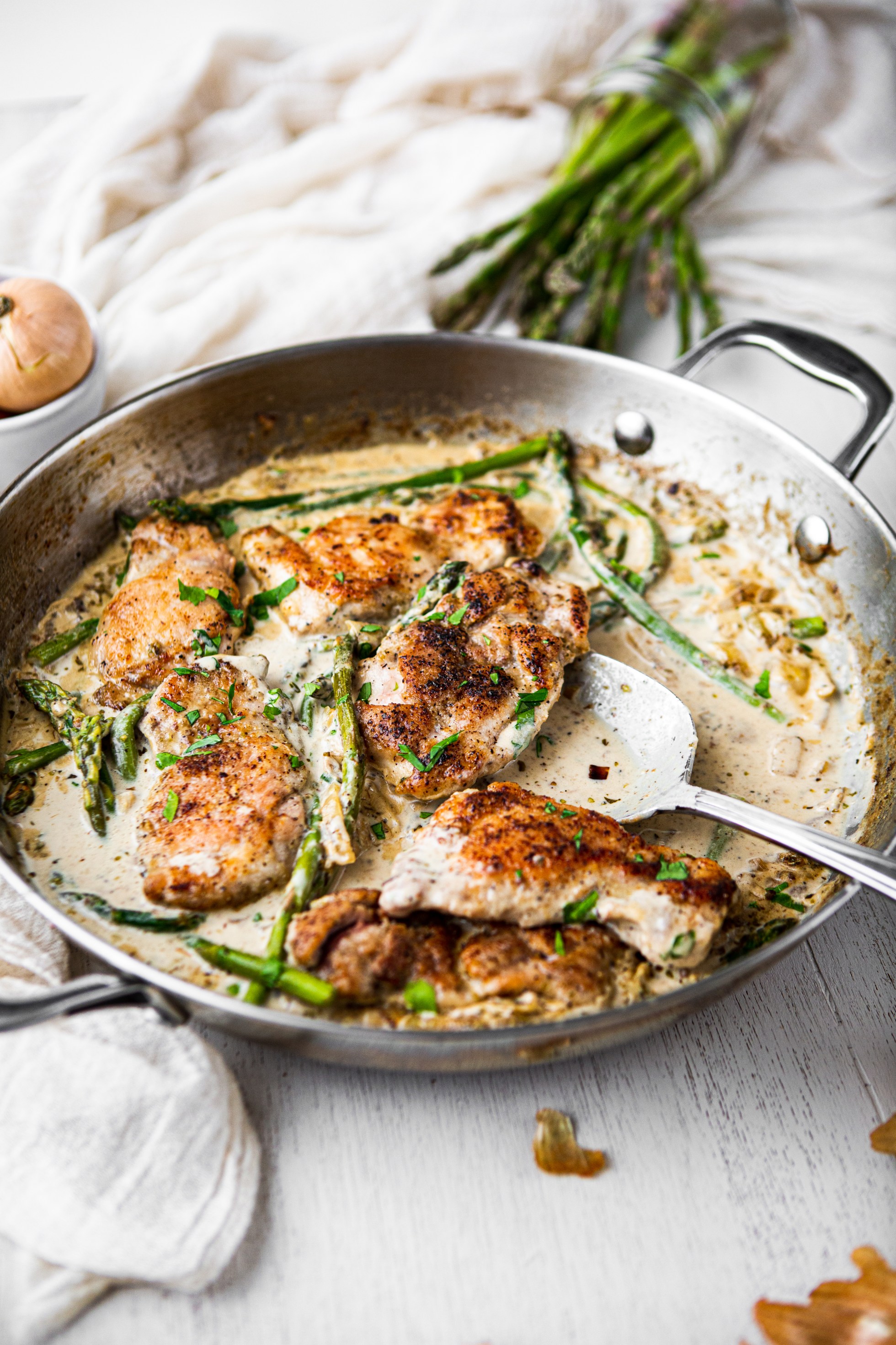 Creamy Garlic Chicken and Asparagus Tastes of Thyme