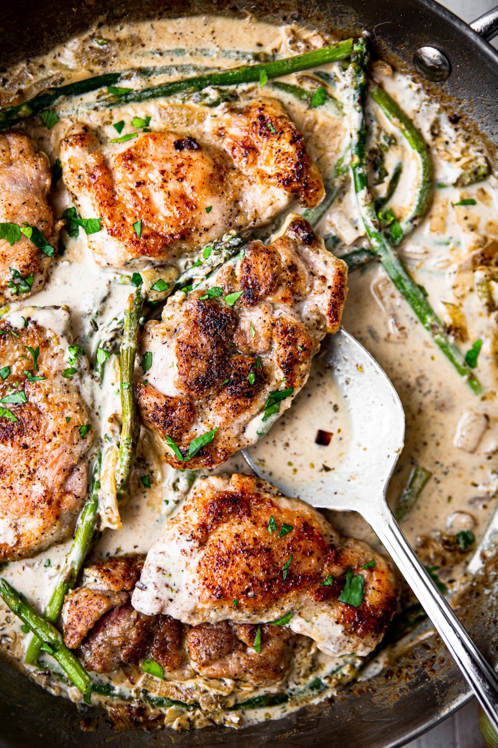 Creamy Garlic Chicken and Asparagus Tastes of Thyme