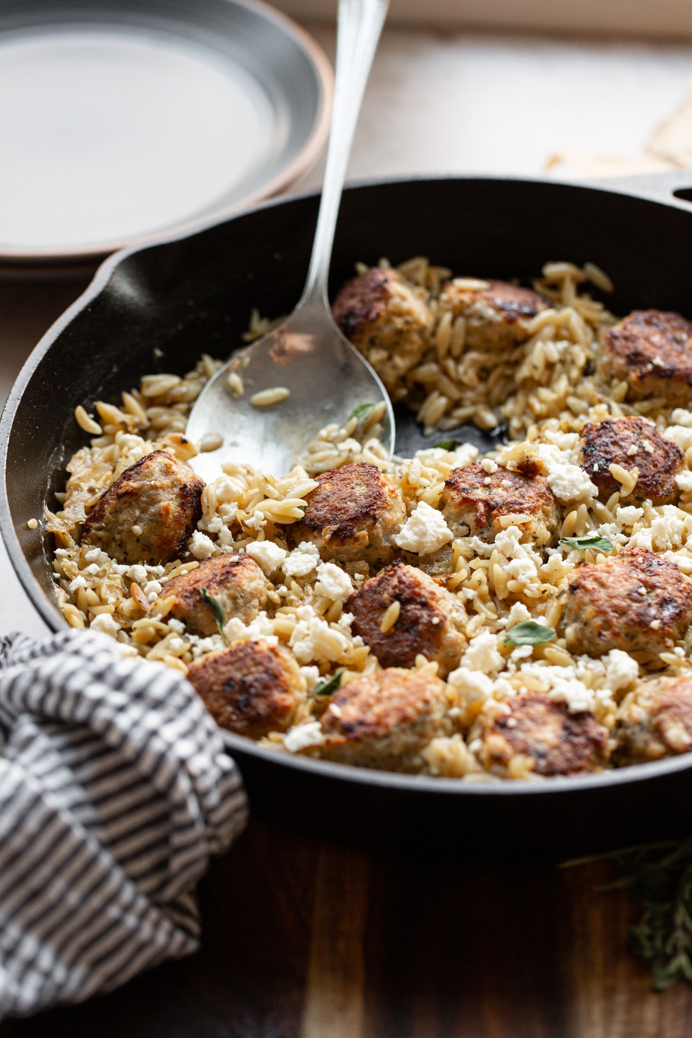 One Pan Greek Meatballs with Lemon Feta Orzo Tastes of Thyme