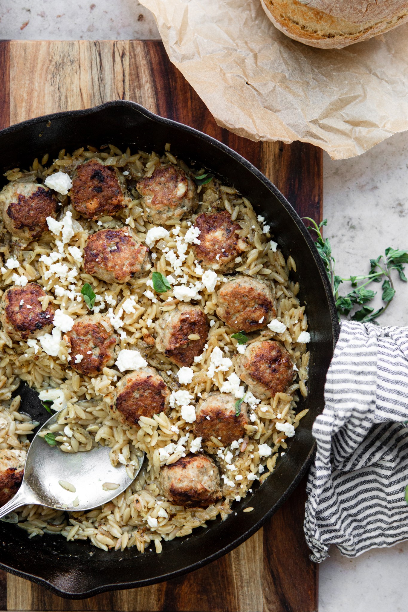 One Pan Greek Meatballs with Lemon Feta Orzo Tastes of Thyme