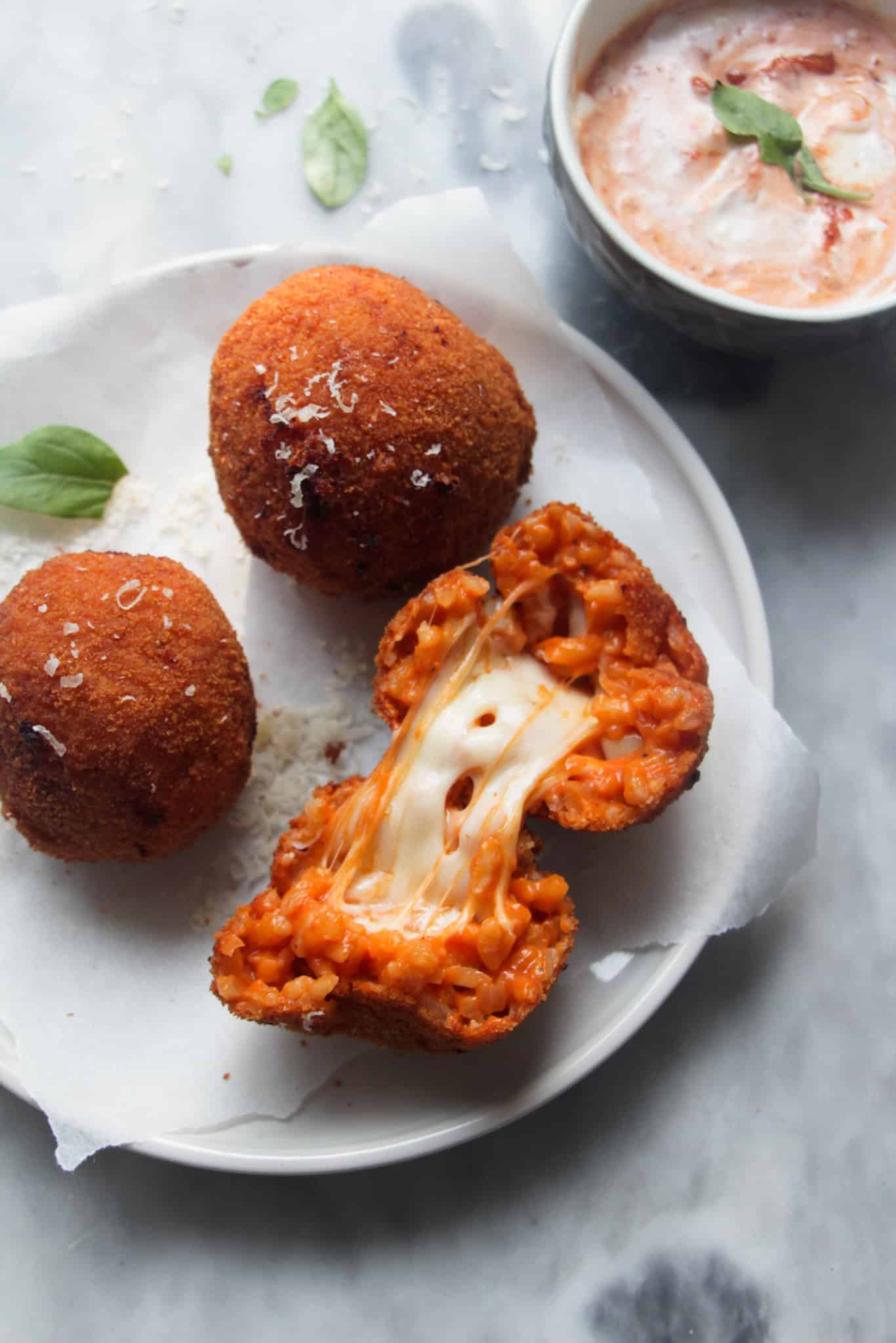 creamy tomato and mozzarella arancini, with tomato aioli