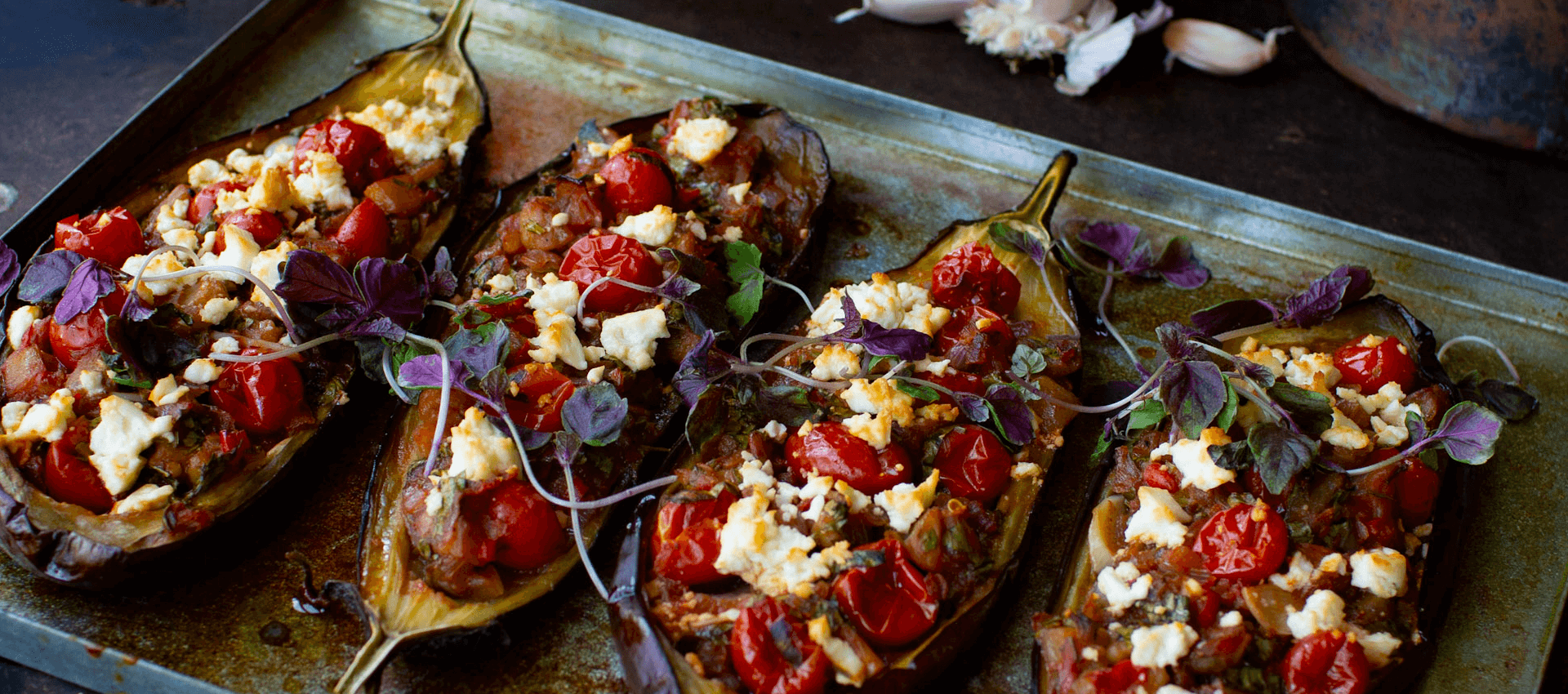 Eggplant slippers with cherry tomatoes