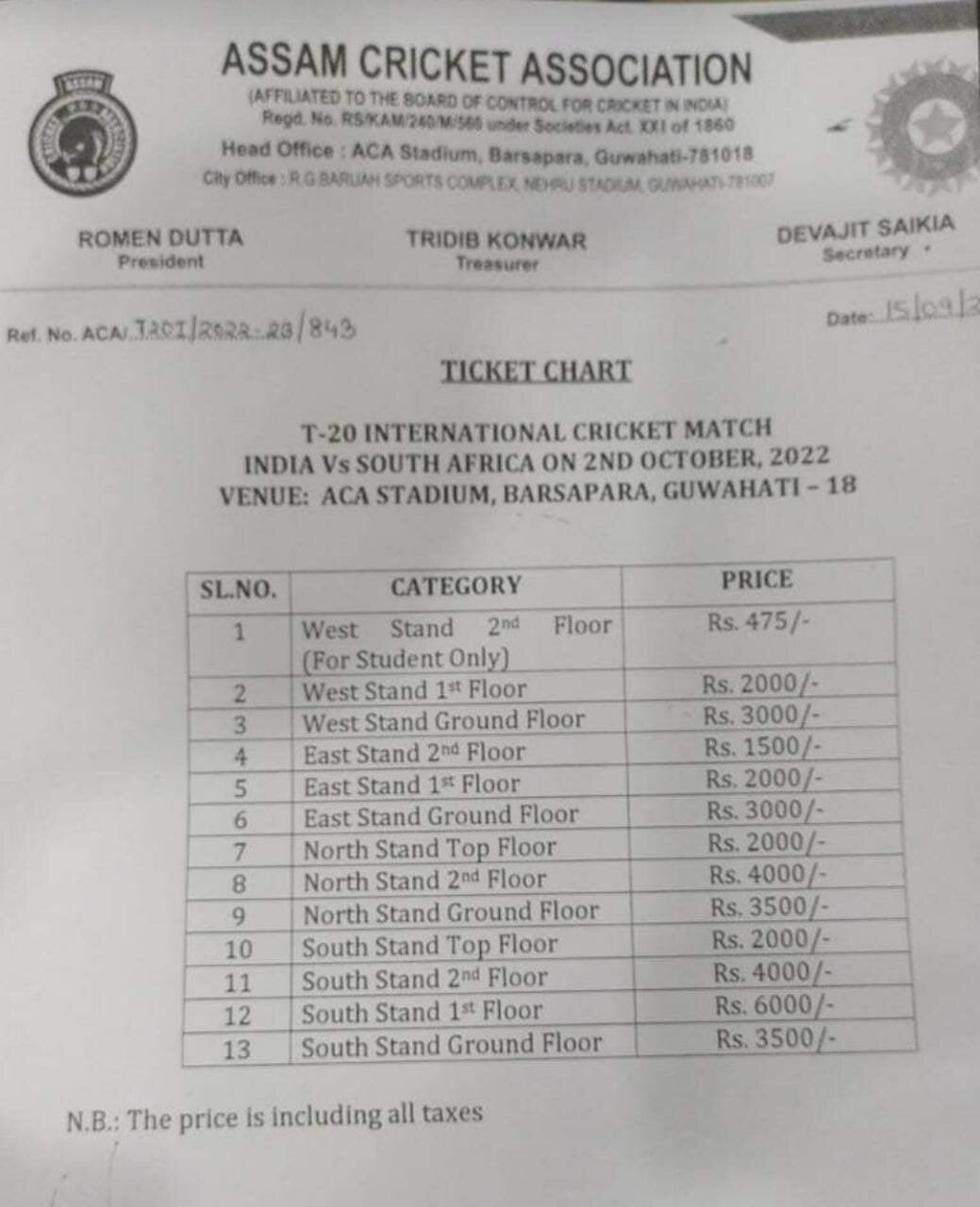 Tickets for India vs South Africa T20I at Barsapara Stadium in Guwahati