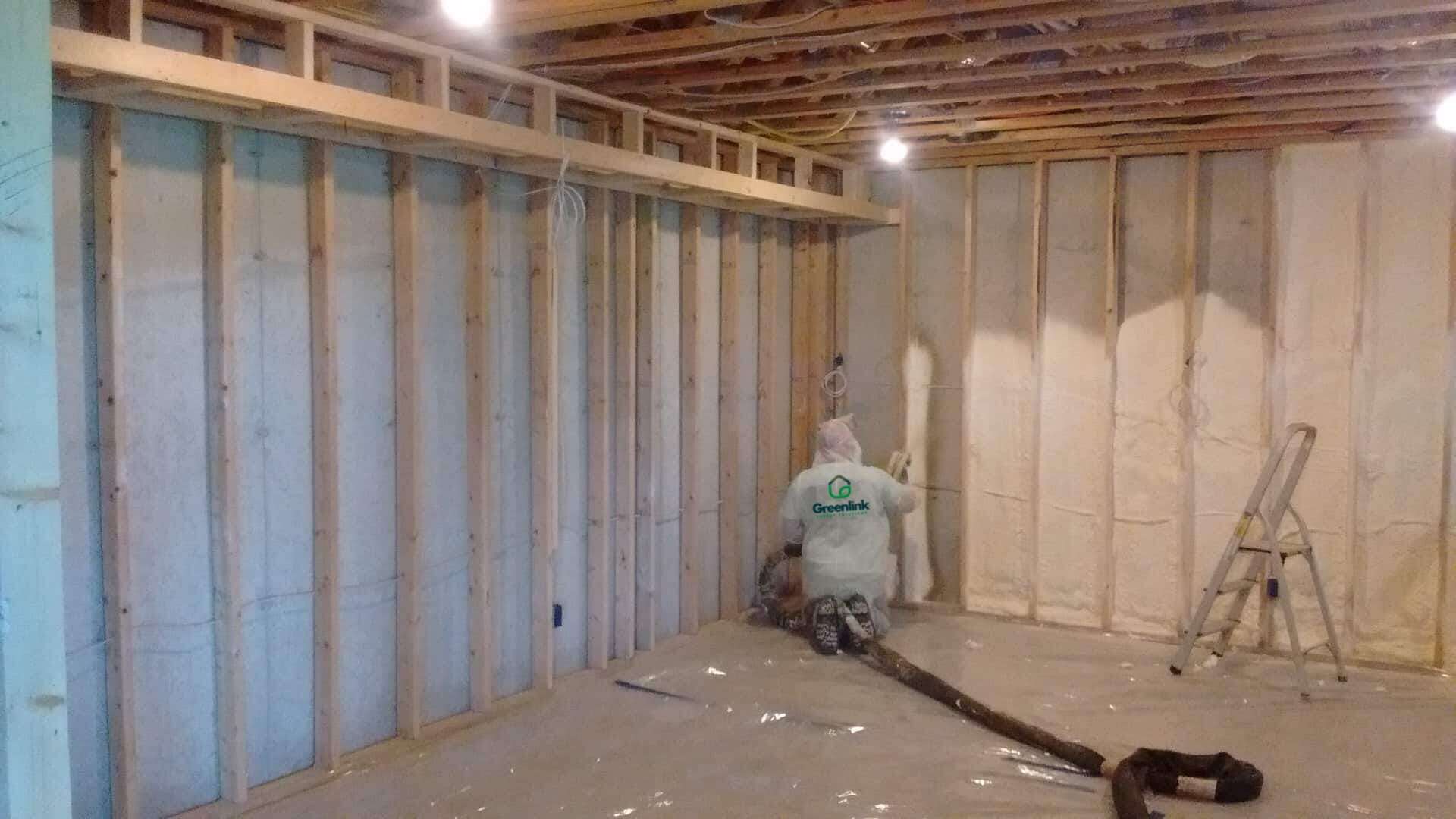 Basement-Closed-Cell-SPF Spray foam being installed on walls
