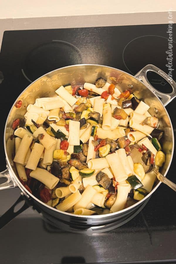 Easy eggplant, tomato, and zucchini with pasta