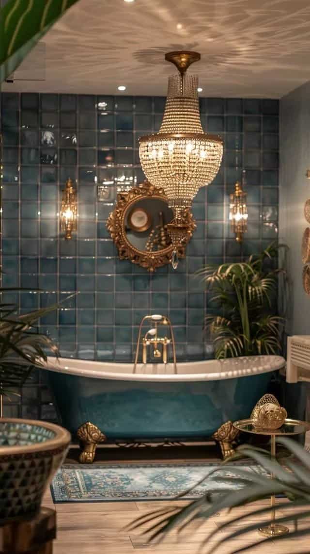 Teal clawfoot tub against glossy blue tiles under a crystal chandelier