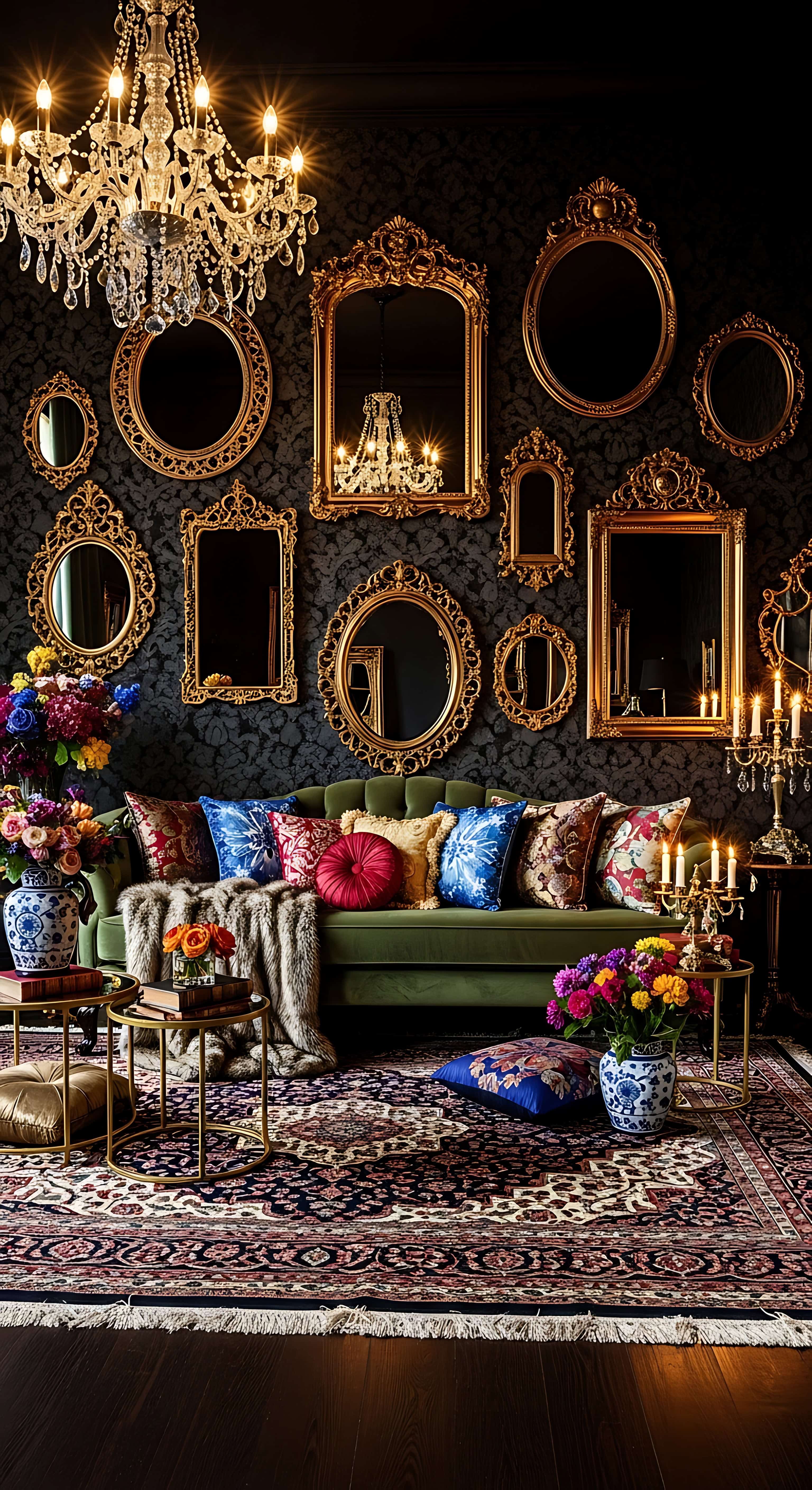 A dramatic dark salon with a green velvet sofa, gold ornate mirrors, crystal chandelier, and layered persian rugs.
