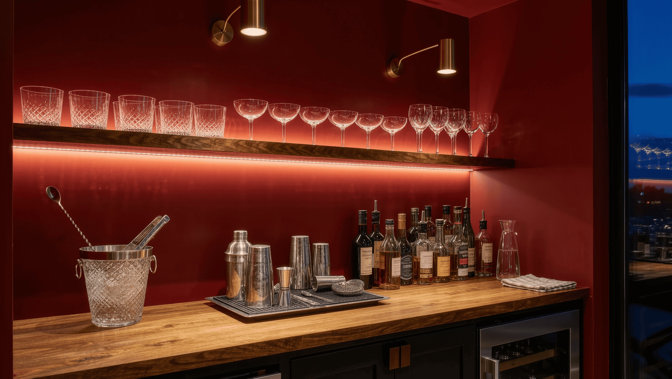 A compact home bar with distinct stations for glassware, ice, tools, and bottles under LED shelf strips and brass pendants at dusk.
