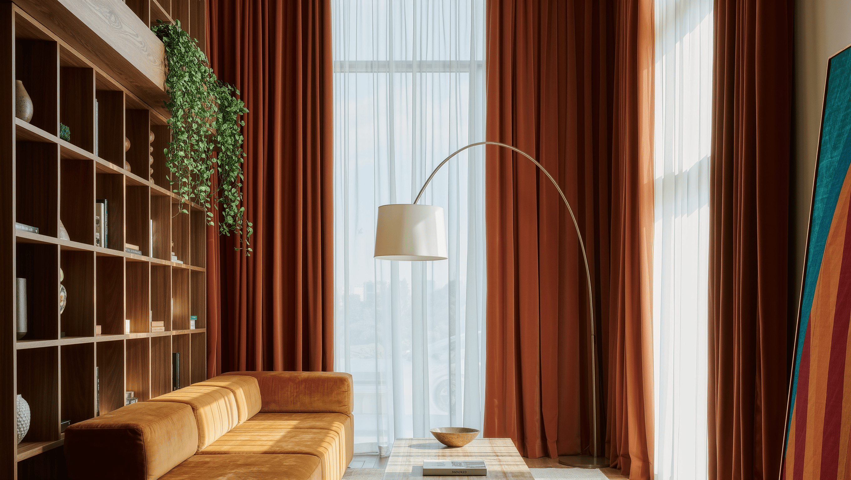 A living room with varied heights: a low ochre sofa, tall slim bookcase, hanging plant, arched floor lamp, floor-length rust curtains, and vertical art.