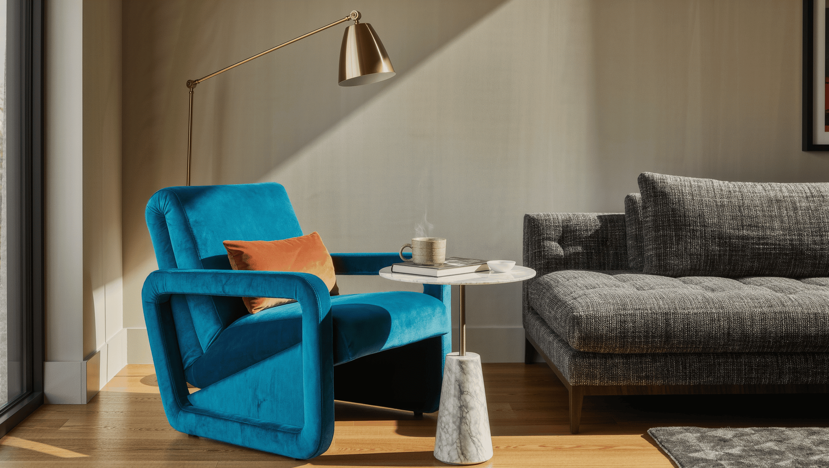 A peacock-blue velvet armchair angled in a sunny corner with a marble side table holding a steaming mug and paperback, clearly in daily use.