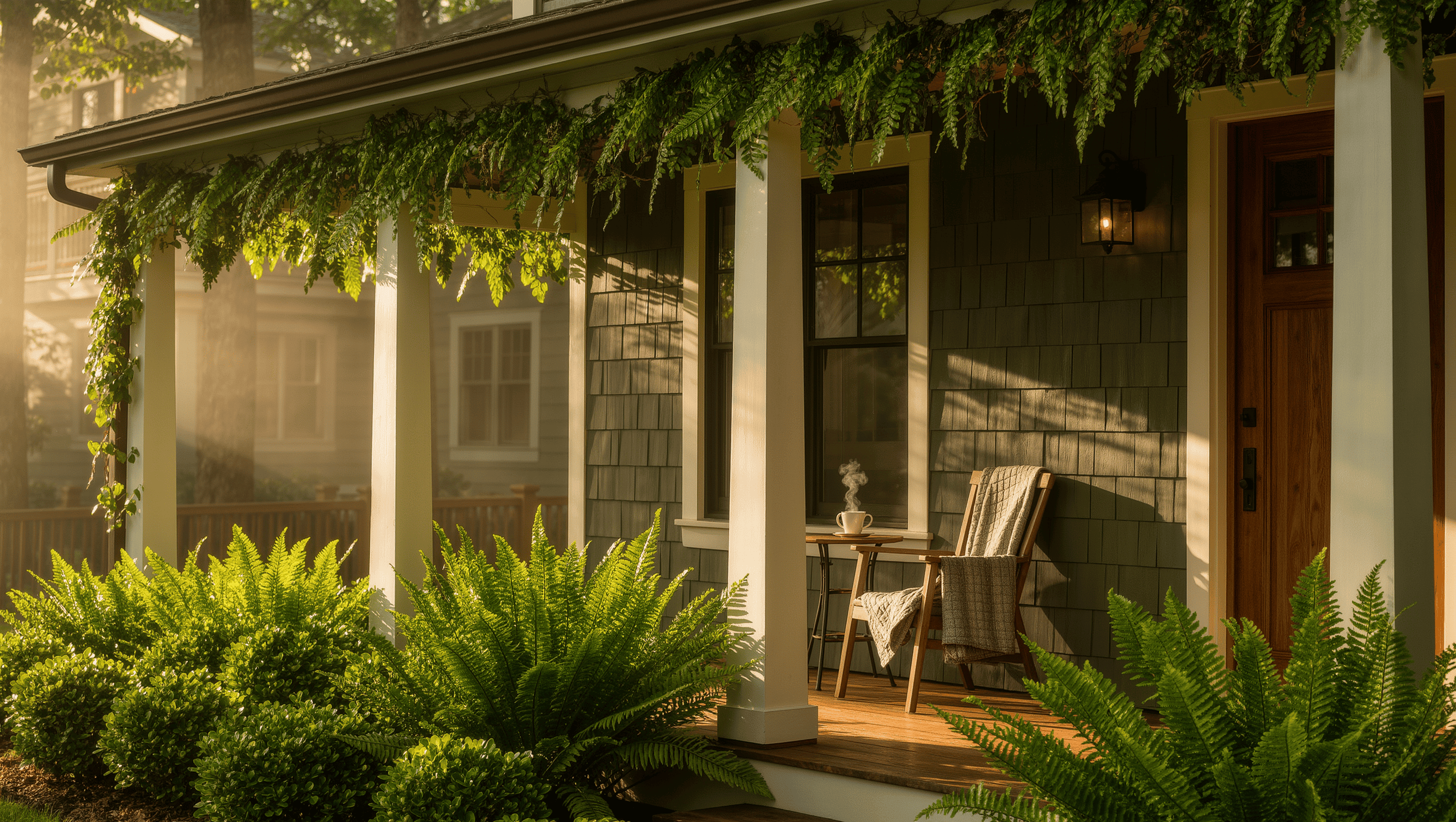Craftsman covered porch in early morning light with hanging ferns, layered shrubs along the facade and a steaming mug on a small porch table.