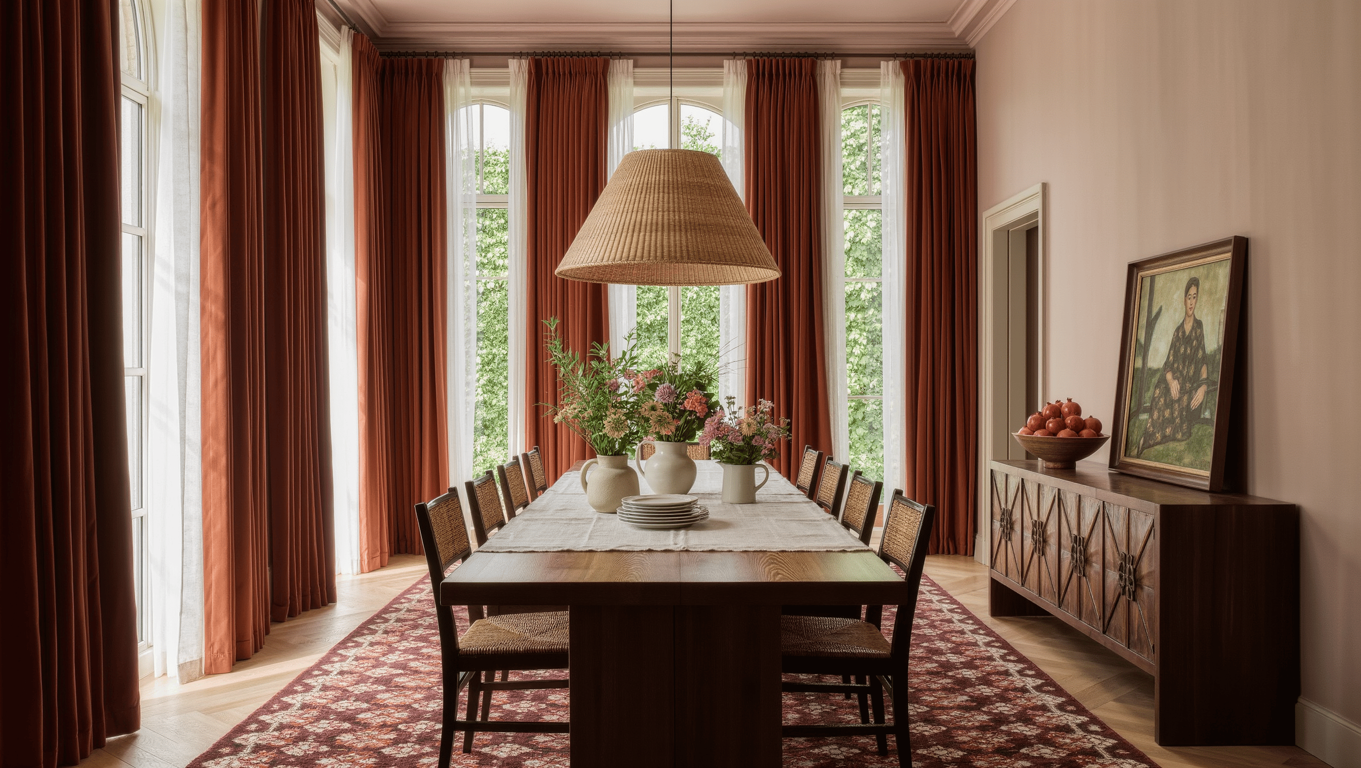 A grand dining room warmed by a huge patterned rug, rust curtains, and a low woven pendant over a long walnut table set for hosting.