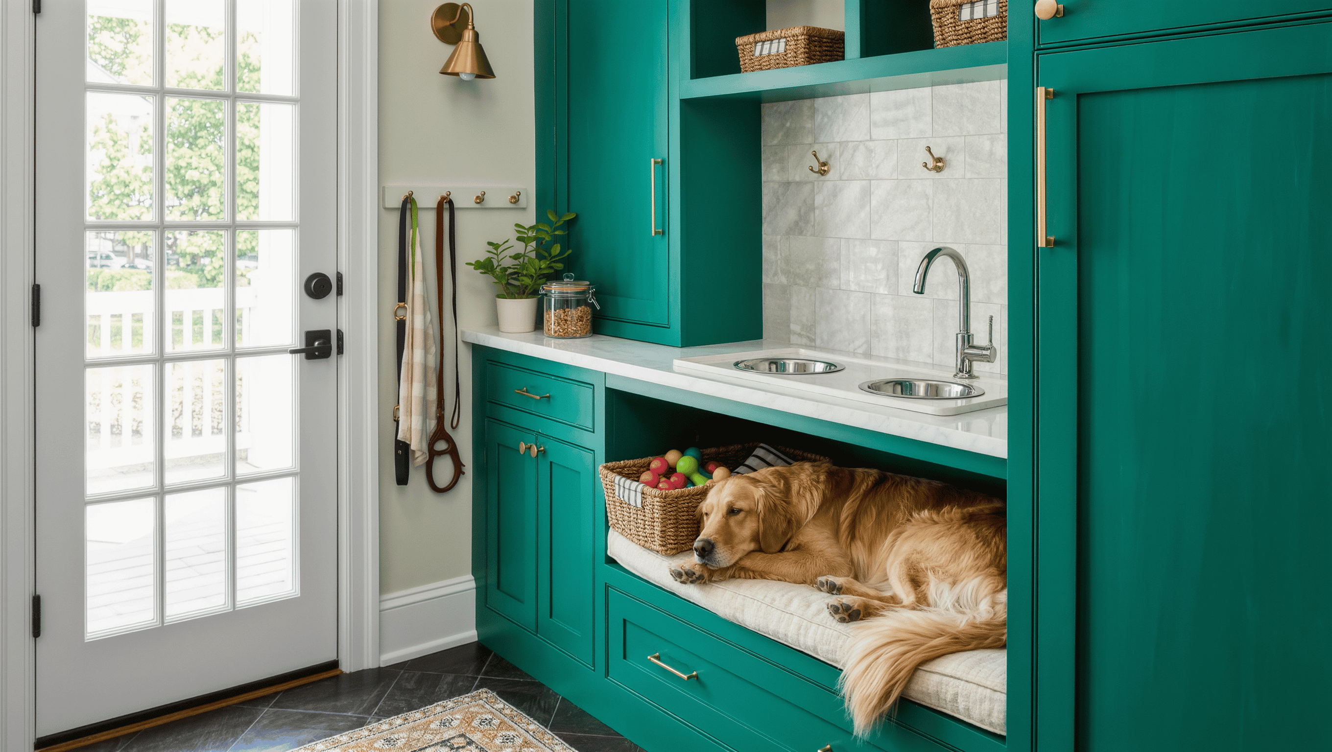 A teal mudroom dog nook with a cushioned bed under a bench, raised feeding station, leash hooks, and a dozing golden retriever.