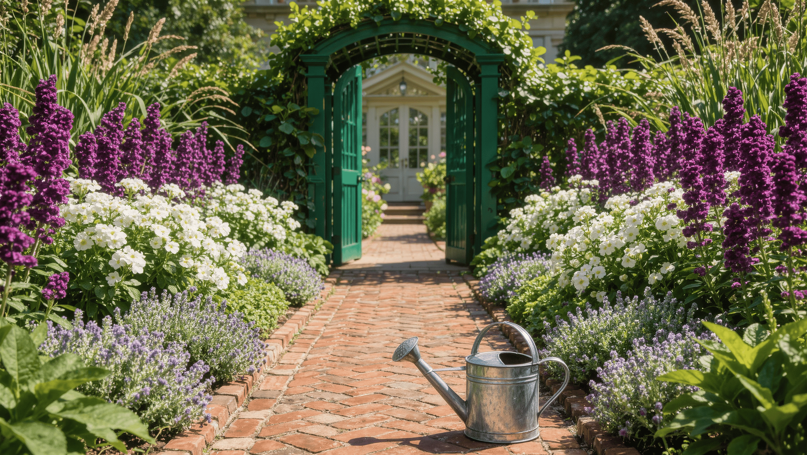 A brick walkway curving through layered planting of thyme, catmint, phlox, and salvias toward an open deep-green arbor gate.