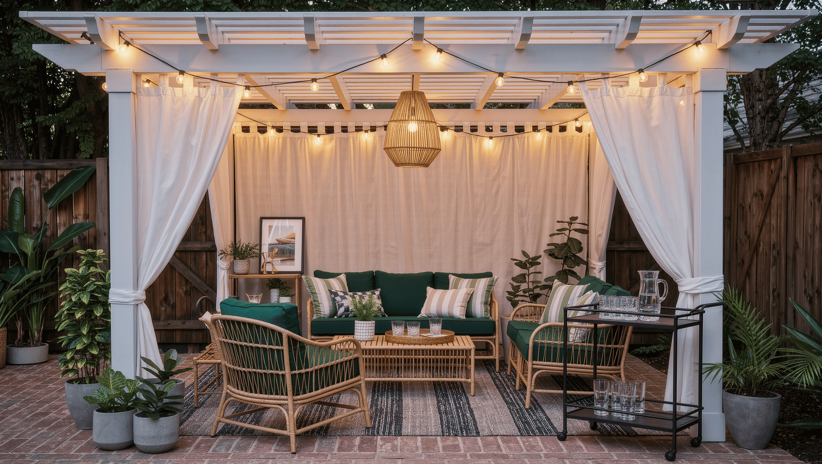 Backyard pergola with linen curtains, hanging lanterns, a layered rug, conversational seating and a self-serve drinks cart at its edge in early evening.