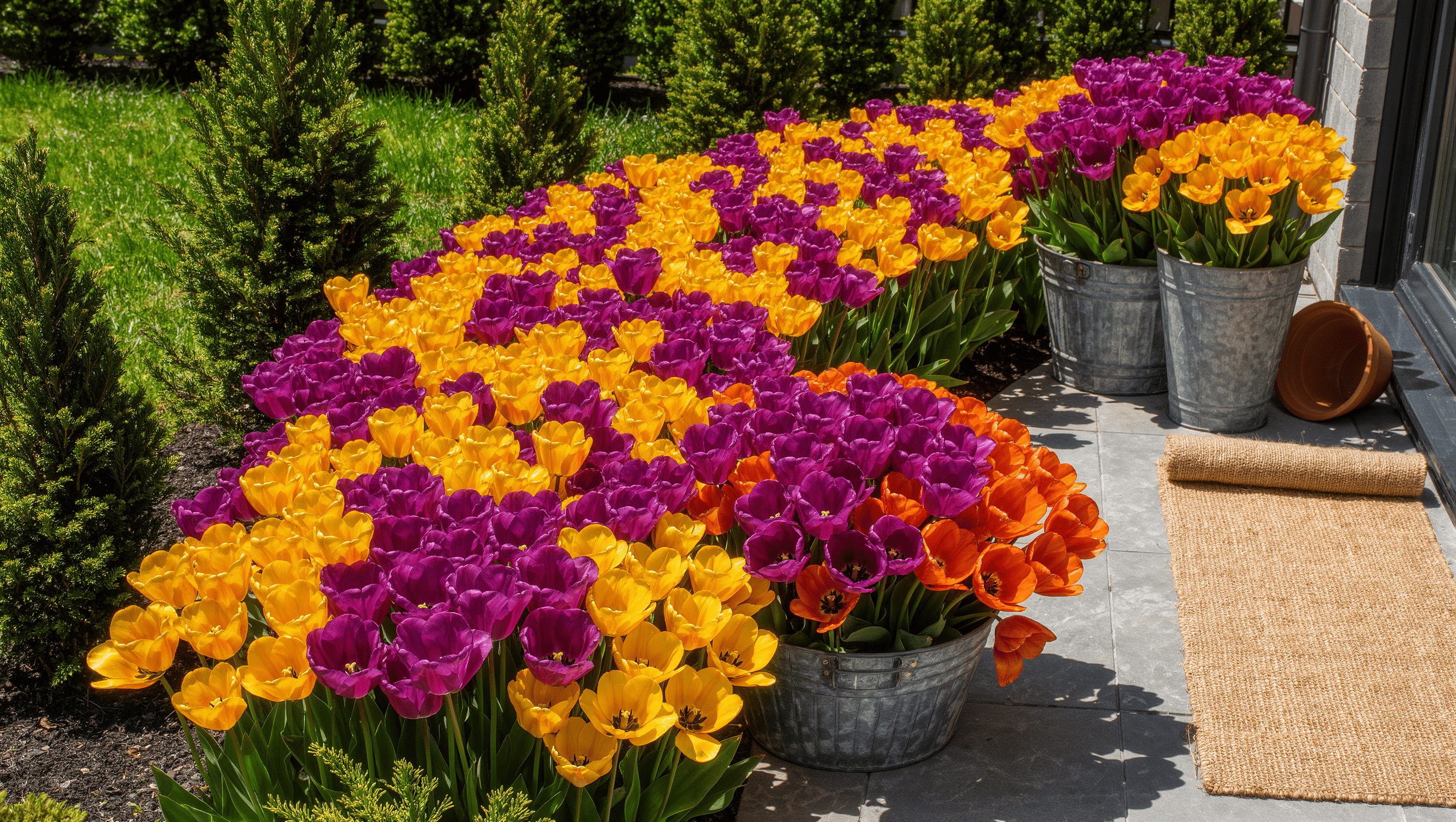 A patio-side bed and three zinc containers erupting with tulips in ochre, plum, and orange, while surrounding beds stay simple evergreen.