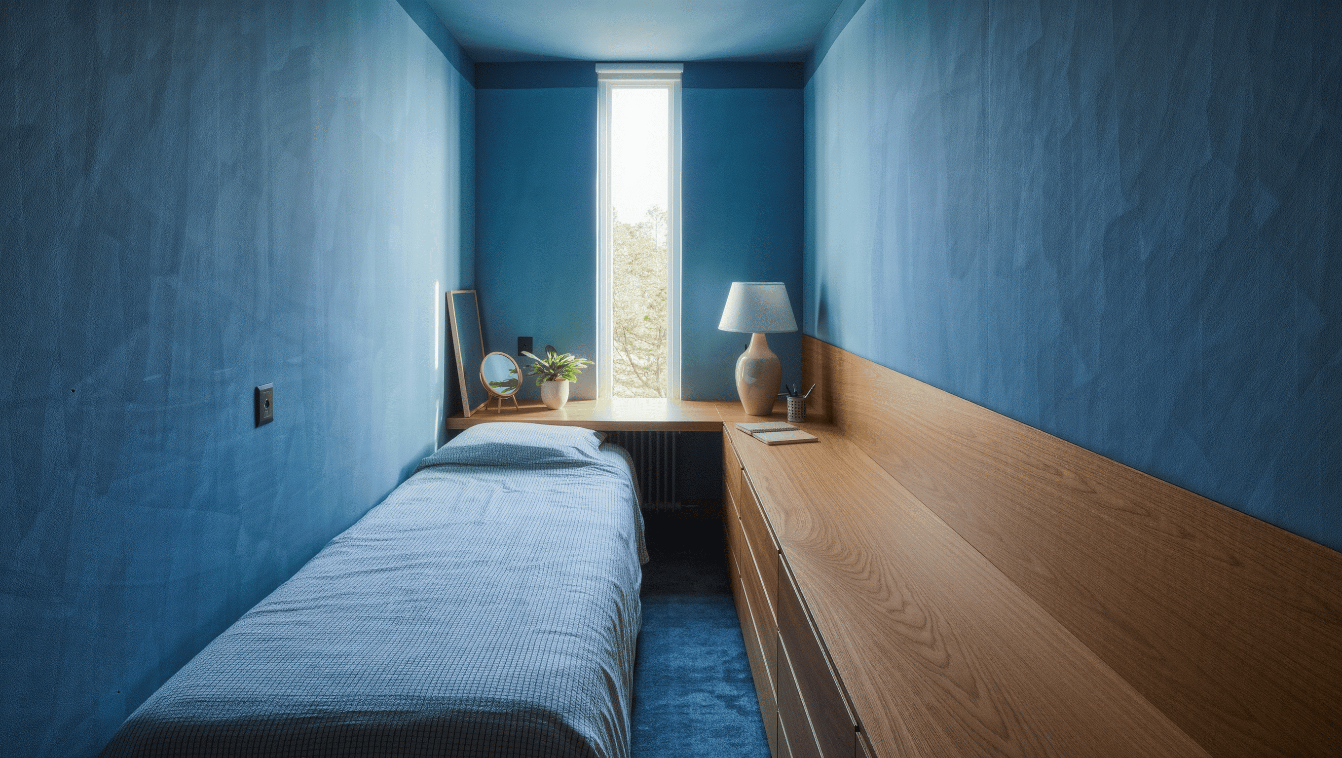A long narrow bedroom with bed, dresser, and desk aligned along one oak wall and a clear route to the end window.