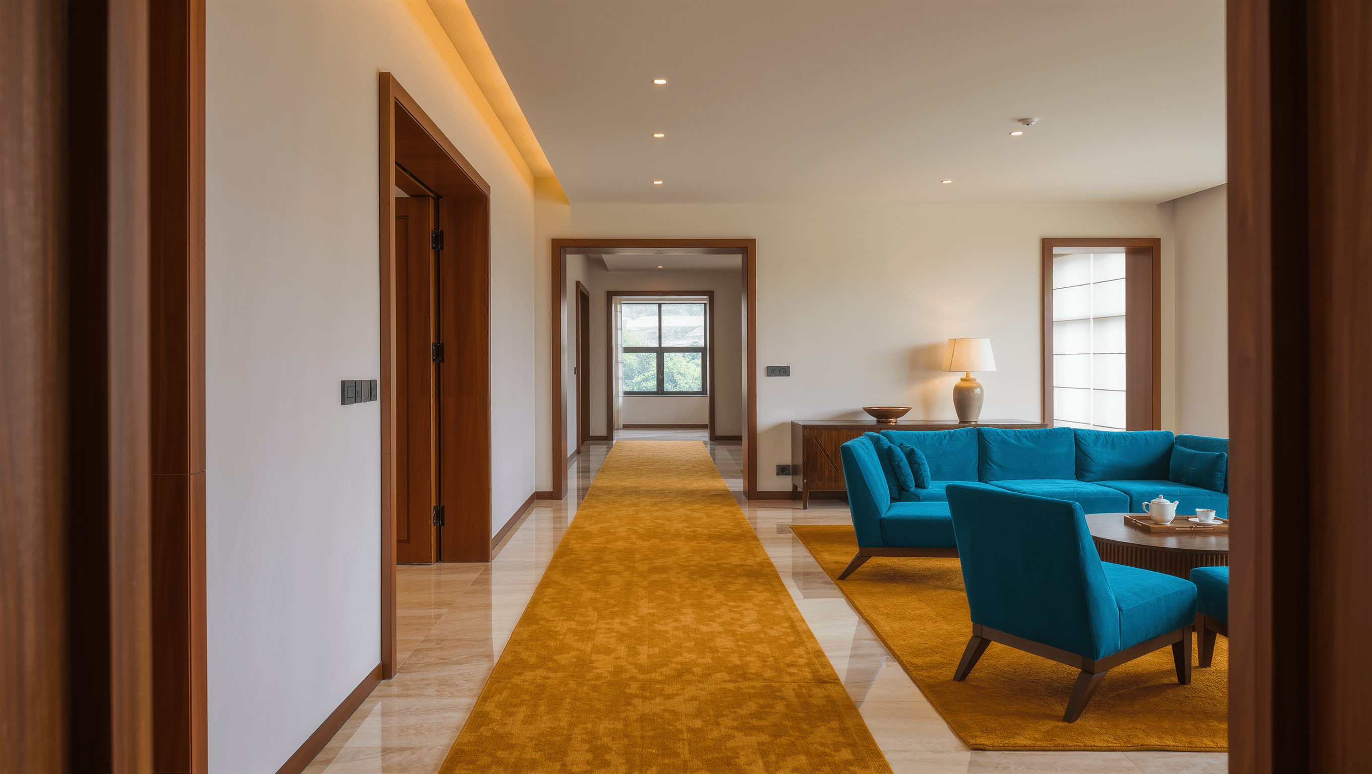 A long living room with several doorways organized by an ochre runner tracing one walking route past a tight furniture island.