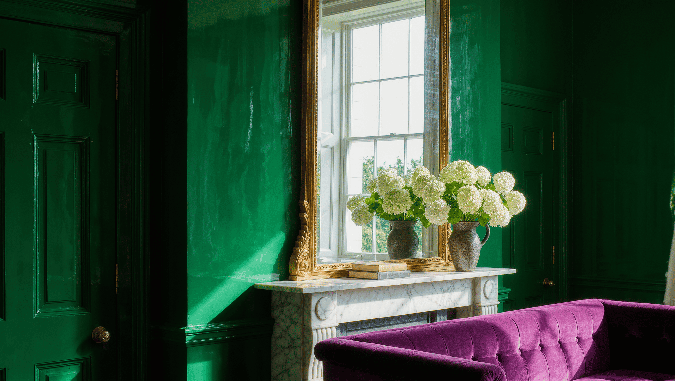 Gilt mirror above a marble mantel reflecting a bright window and doubling the daylight across a plum sofa and deep green wall.