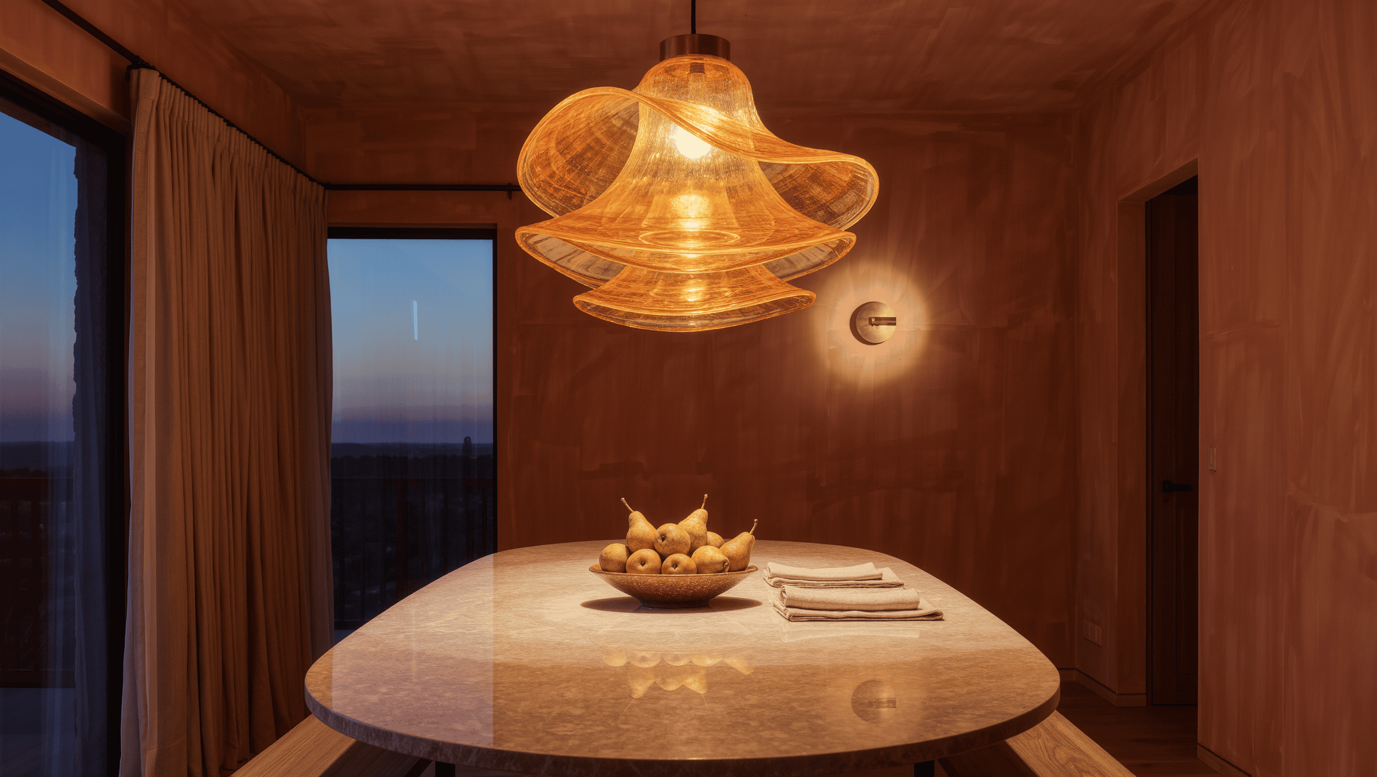 A dusk dining room where a large amber hand-blown glass pendant glows over a travertine table against clay-pink plaster walls.
