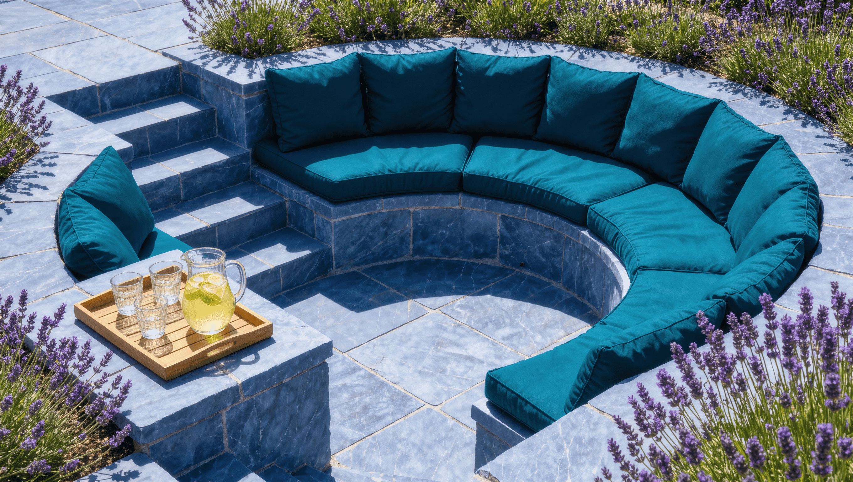 A sunlit circular conversation pit recessed into a bluestone terrace with teal cushions, wide stone edges, and lavender borders.