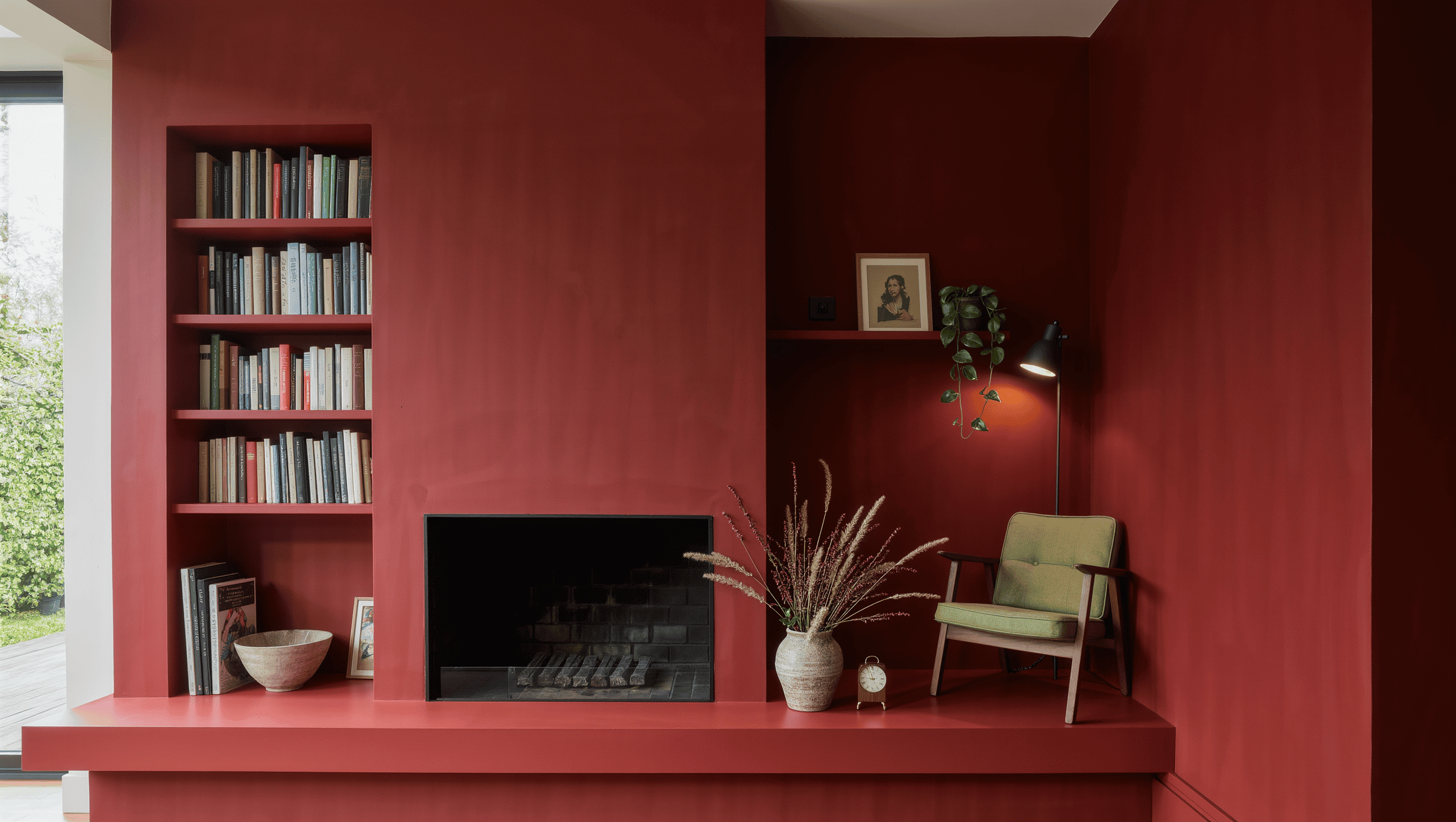 An oxblood-painted chimney breast flanked by two alcoves, one fitted with a bookcase and the other holding a small reading chair.