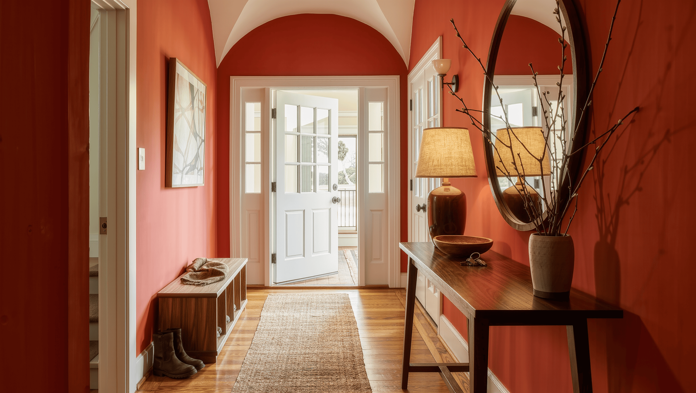 A large sunlit entry hall with a walnut console under a round mirror, a bench by the door, and a runner marking the walk line.