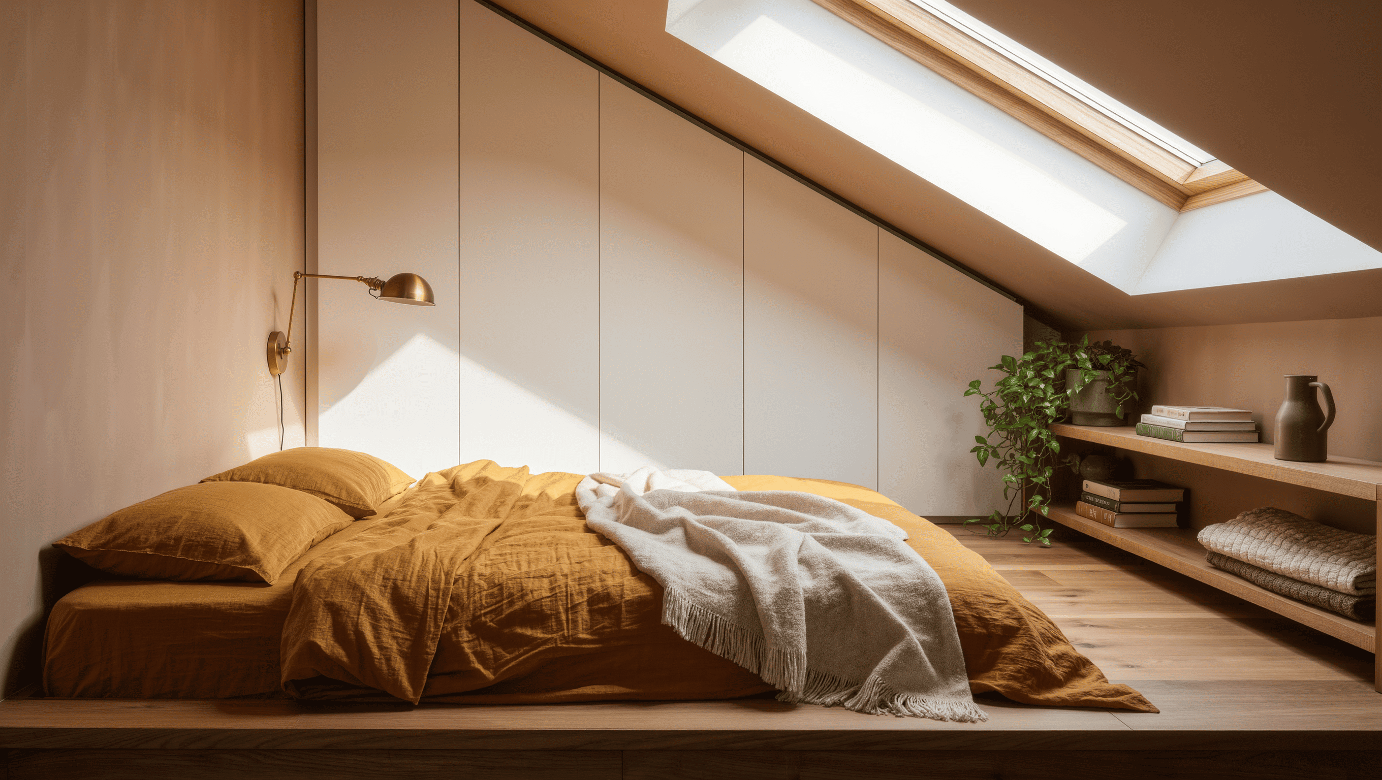 A bright attic bedroom with a low platform bed in ochre linens tucked under the sloped ceiling and a tall wardrobe on the gable wall.