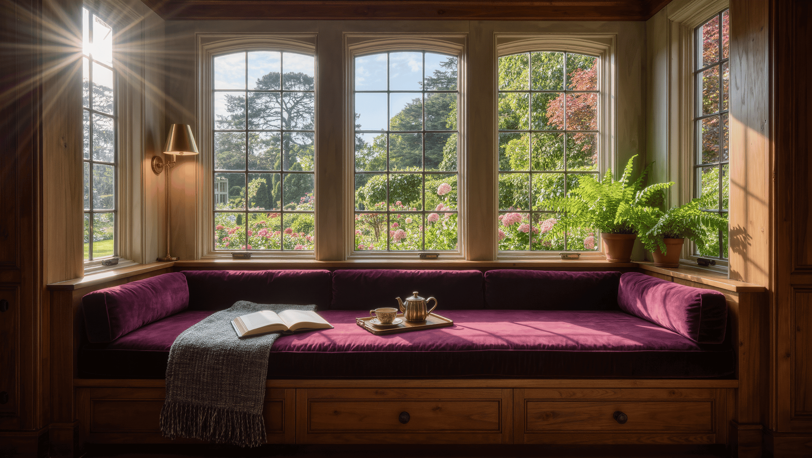 A sunny bay window with a fitted bench in plum velvet cushions, built-in drawers below, and a garden view through tall panes.