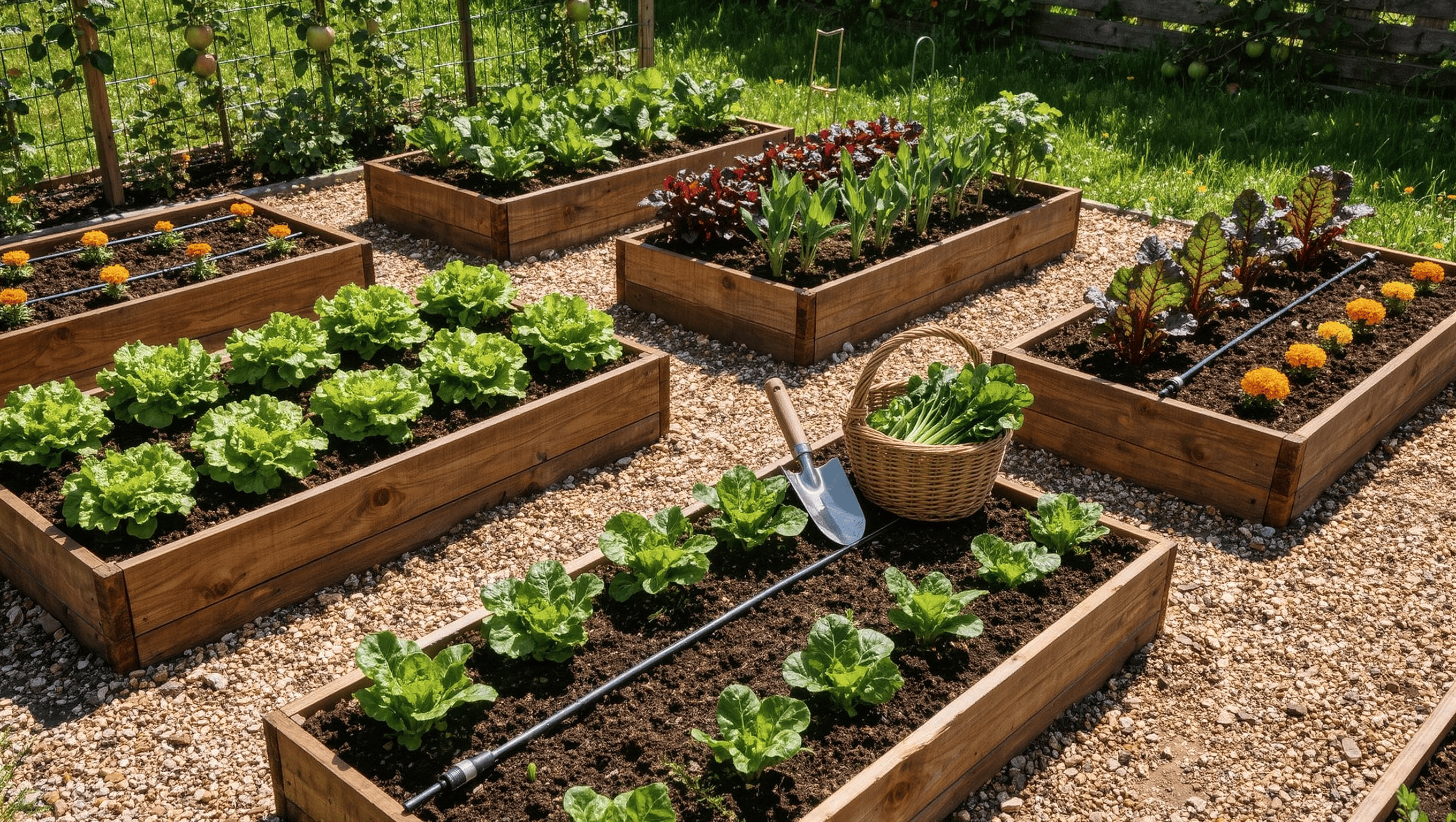 Four cedar raised beds in a grid with gravel paths, planted with lettuces, chard, and marigolds, with an espaliered apple fence beyond.