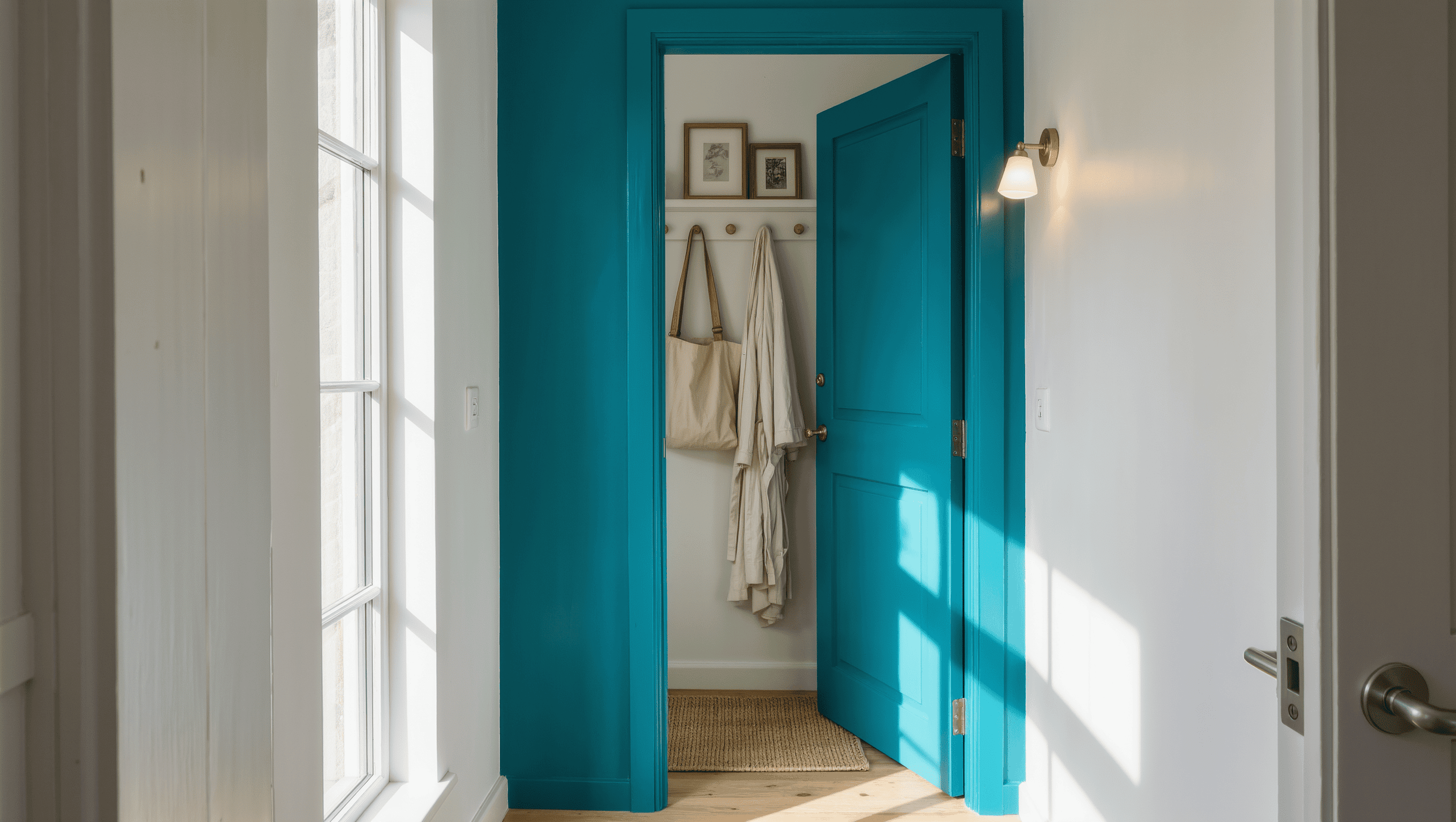 A peacock-blue door standing open to reveal shallow wall hooks with a bag and robe, the floor in the swing arc kept clear.
