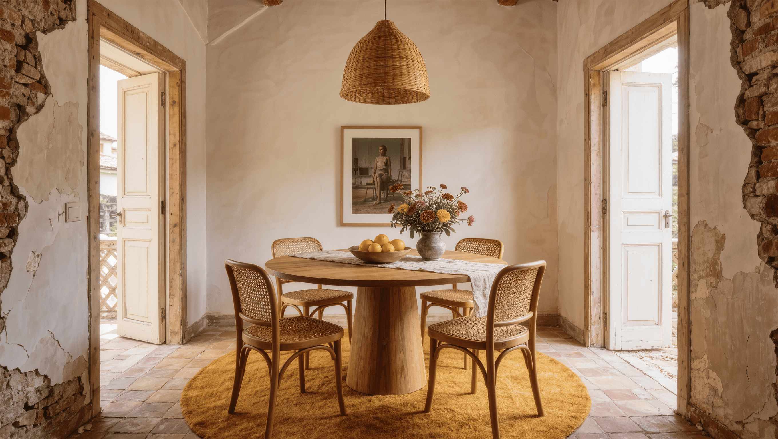 A small square room with several doorways organized around a central round oak table on a circular ochre rug.