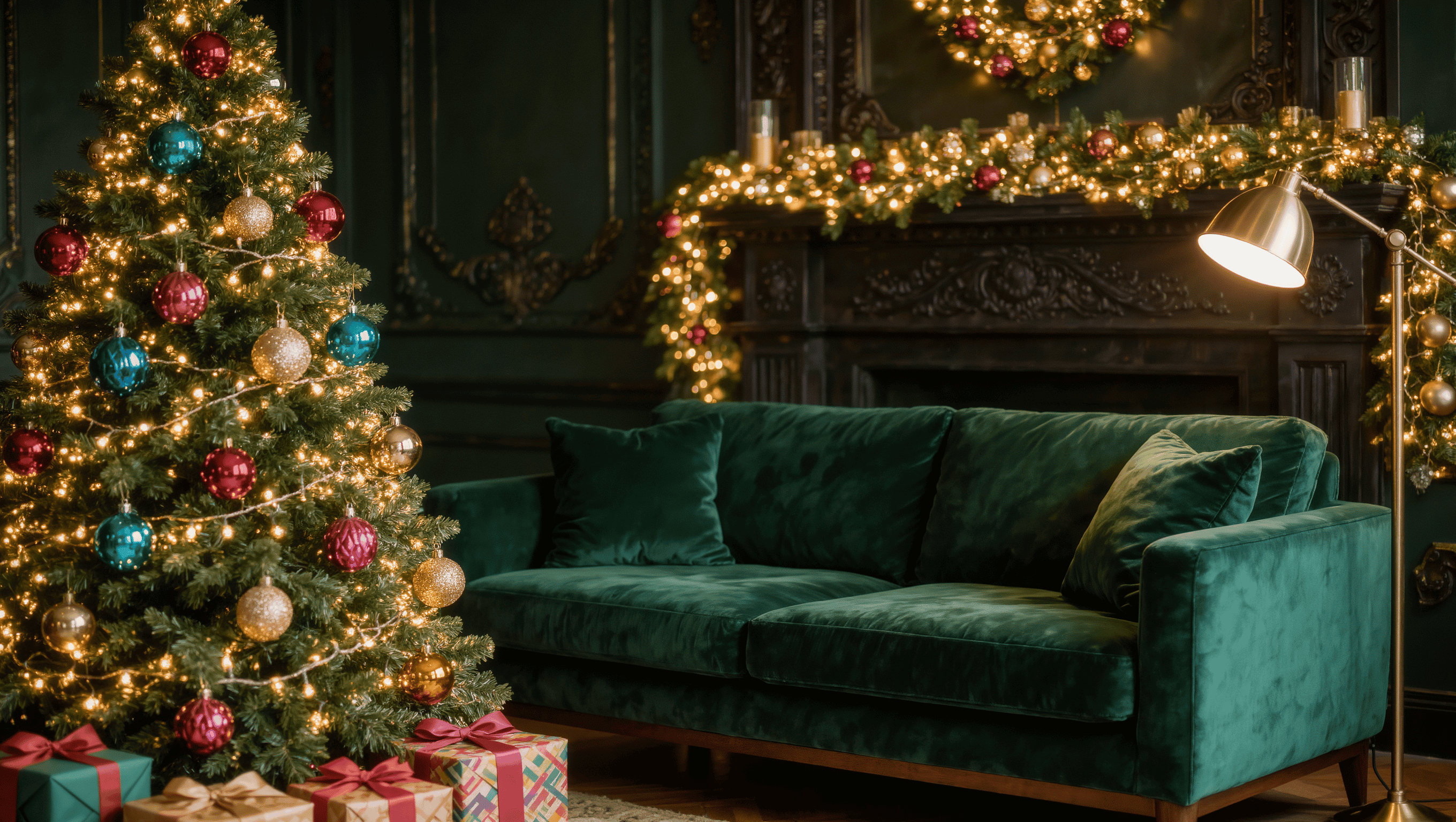 Jewel-toned living room with a Christmas tree of mismatched heirloom ornaments, string lights, and a deep-green velvet sofa