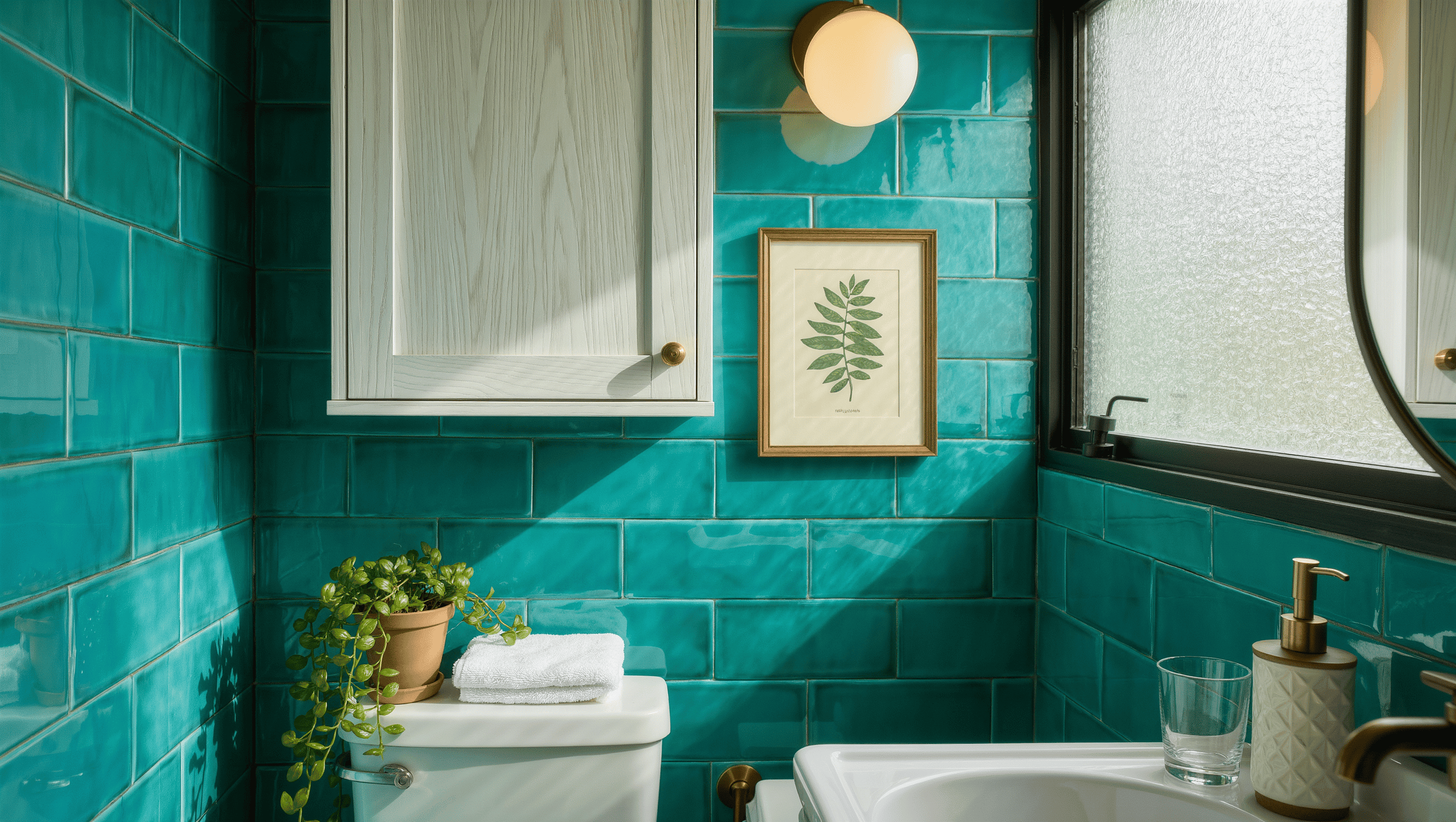 A teal-tiled bathroom with one shallow closed oak cabinet and a framed print above the toilet, lit by a frosted window.