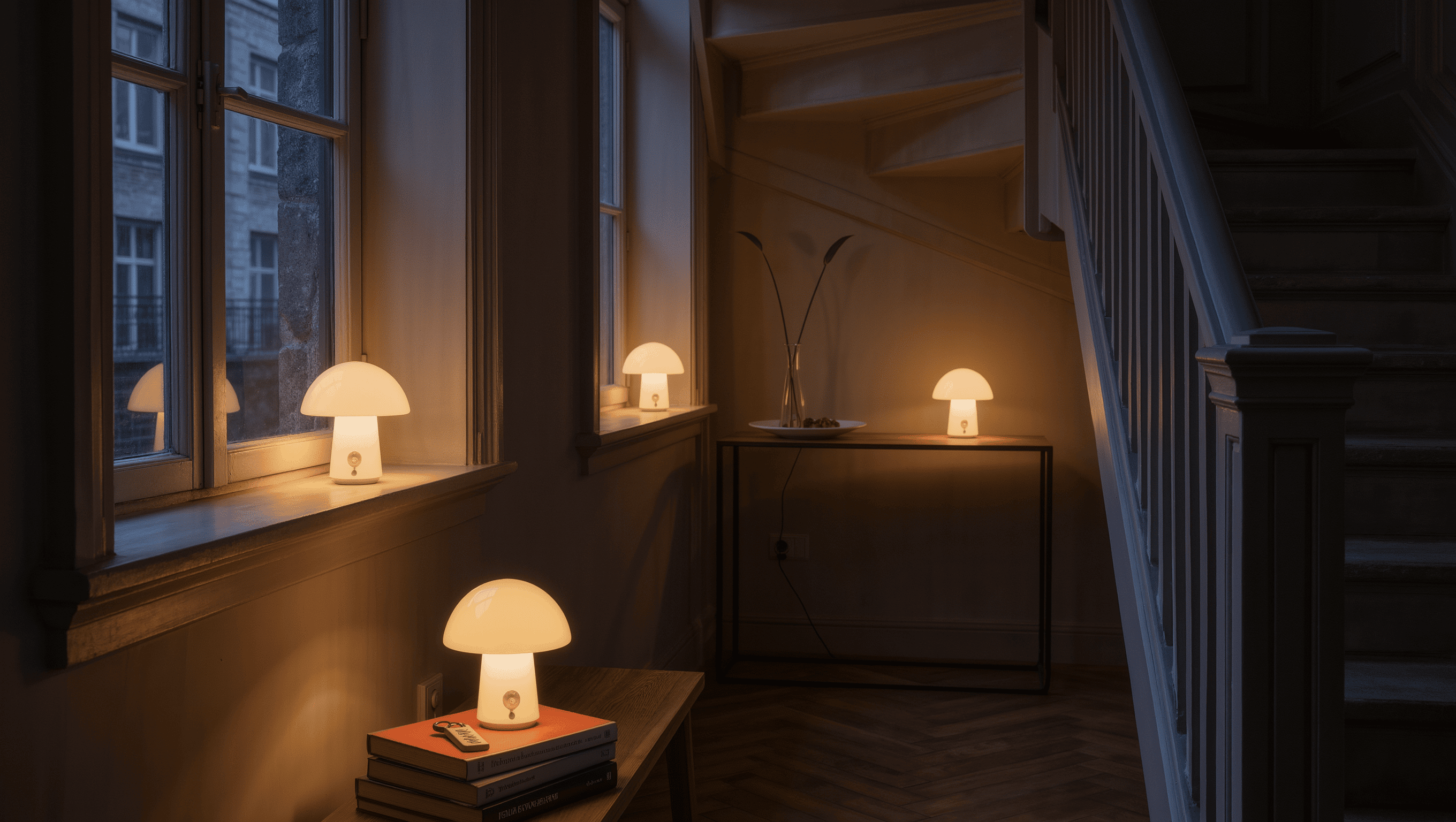 An evening hallway and stair landing lit by three small cordless rechargeable lamps on a windowsill, console, and book stack.
