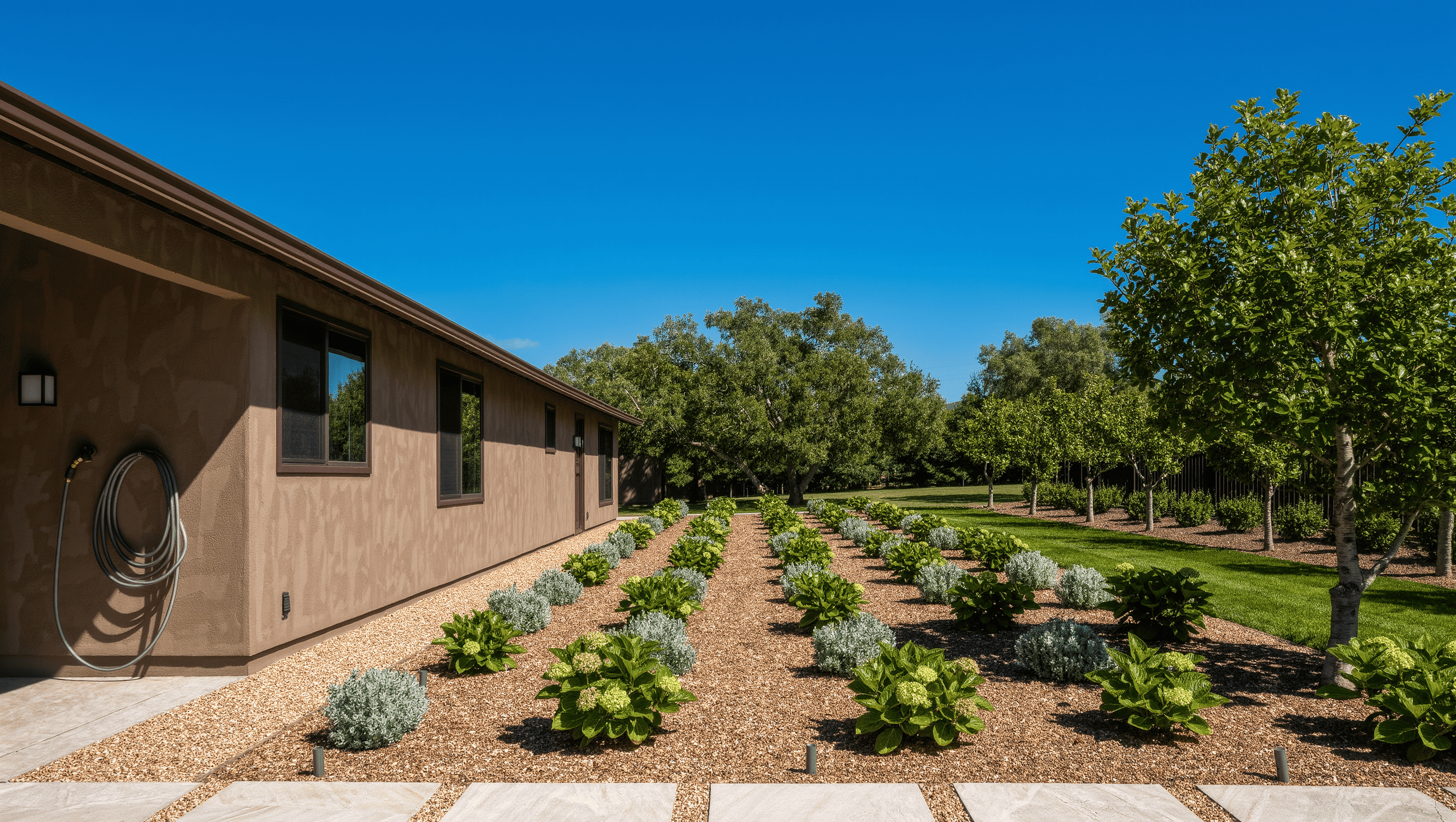 A firewise landscape with a clean gravel band along the house, well-spaced low plantings, a green lawn strip, and limbed-up trees beyond.