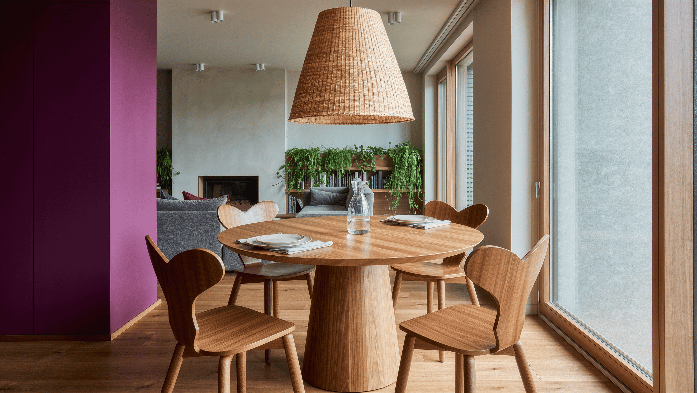 Round walnut dining table with sculptural chairs set beside a tall window in a plum living room, sofa zone visible beyond a low bookshelf
