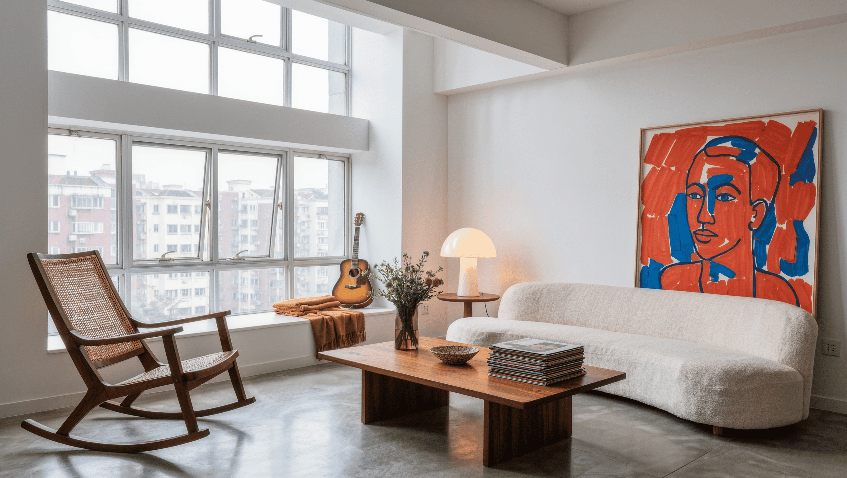 A light-filled living room with a curved cream sofa, burl-wood table, coral abstract canvas, and a cane rocking chair.